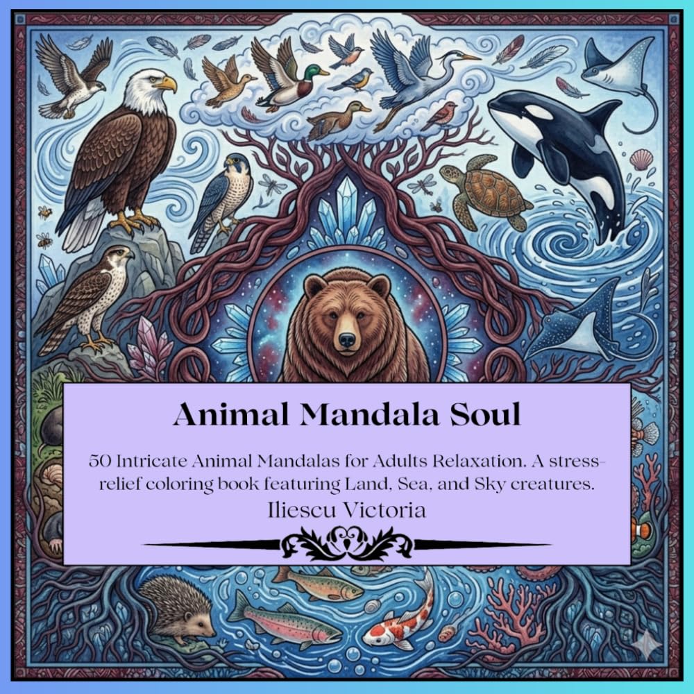 Animal Mandala Soul: 50 Intricate Animal Mandalas for Adults Relaxation. A stress-relief coloring book featuring Land, Sea, and Sky creatures.