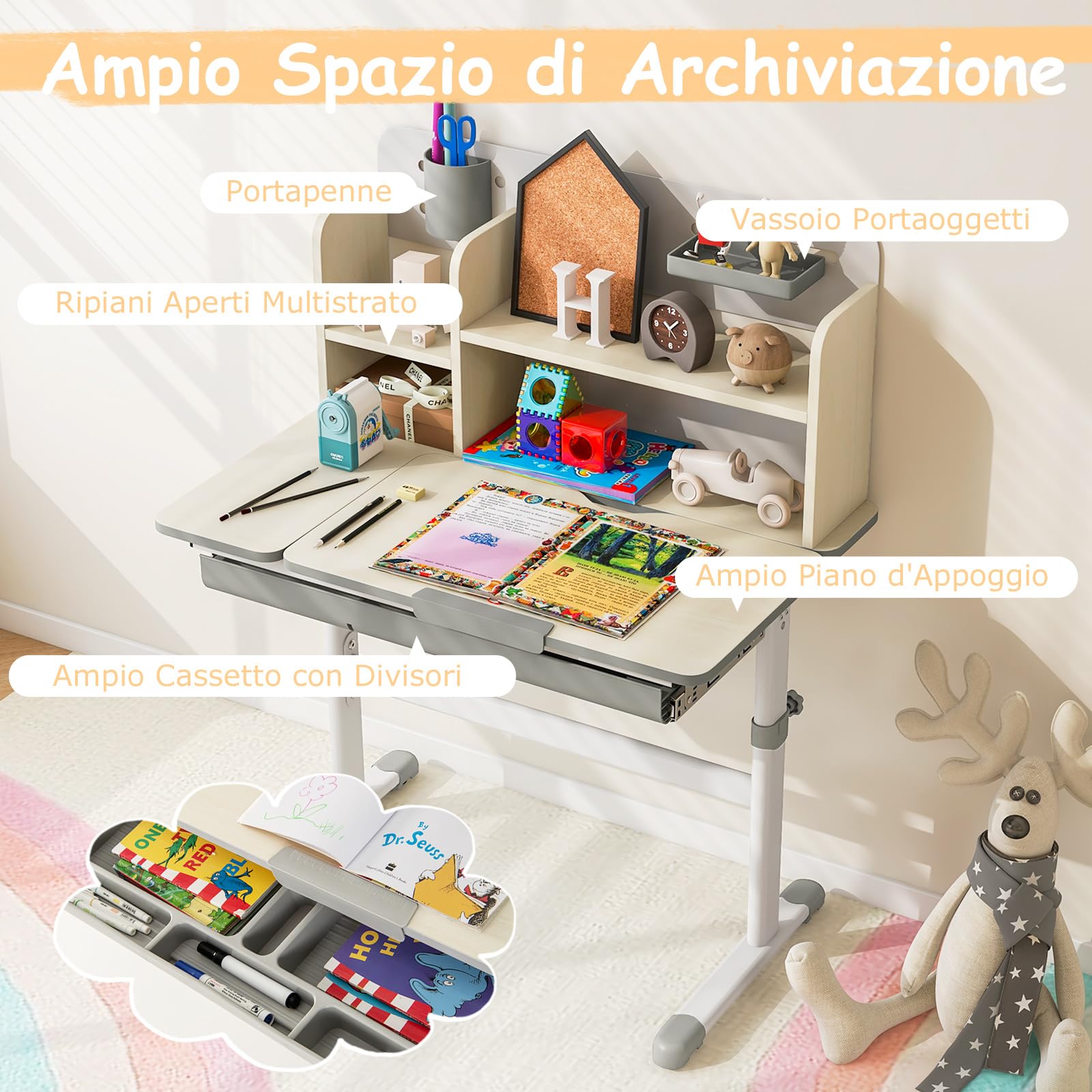 COSTWAY Scrivania per Bambini, Banco Scuola per 3-12 Anni Regolabile in Altezza da 50cm a 73cm con Piano Inclinabile 60°, Scrittoio Cameretta con Scaffale, Cassetto, Portapenne e Righello (Grigio)
