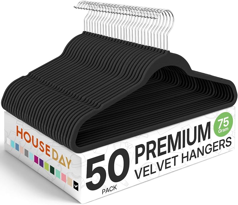 Premium Velvet Hangers 50 Pack, Non-Slip Flocked Felt Hangers | Black Sturdy Clothes Hangers with 360° Rotatable Hook, Heavy Duty Coat Hanger, Durable Slim Hanger for Closet Space Saving