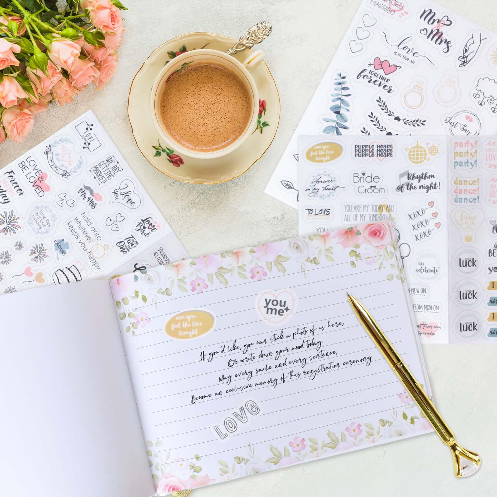 Libro de Firmas Boda, Libro de Invitados Boda con Portada Rígida con Pluma y 4 Pegatinas, para Celebraciones Elegantes y Álbum de Fotos DIY