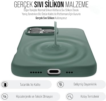 iPhone Kılıf İnce Sıvı Silikon 3 Katmanlı Tam Kaplamalı Yumuşak Jel Kauçuk Kılıf Kapak (Yeşil, iPhone 16 Pro Max(42)