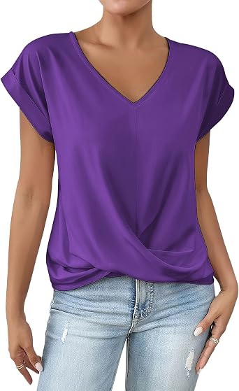 Womens Summer Tops V Neck Casual Twist Front Blouses Short Sleeve Shirts Loose Fit Tunic Top Basic Tee Shirts