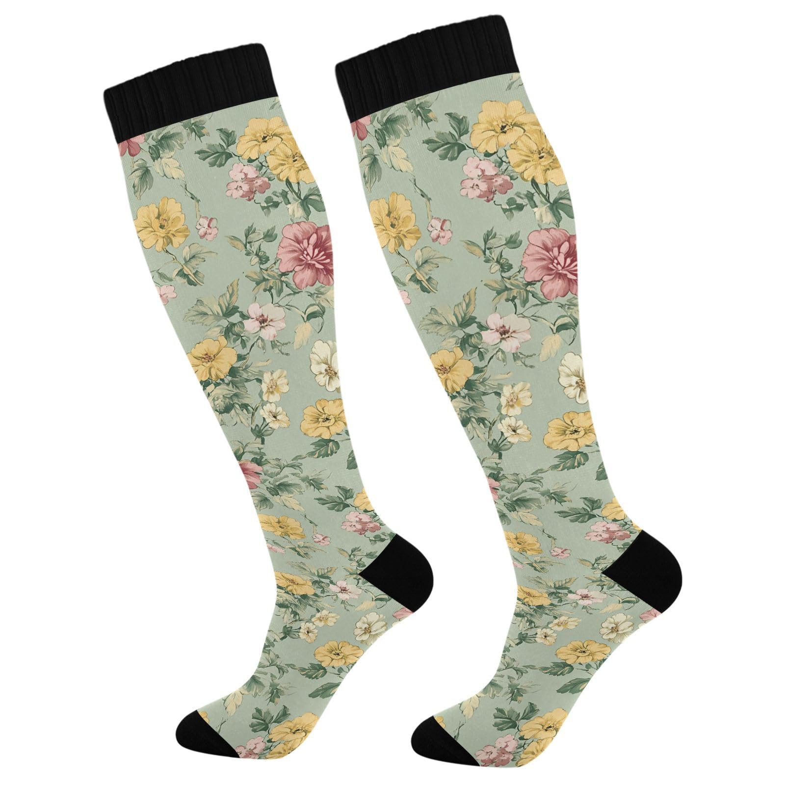 Wassud Floral Pattern Compression Socks for Women and Men 20-30 mmHg Knee High Socks for Nurses Travel Socks 2 Pair