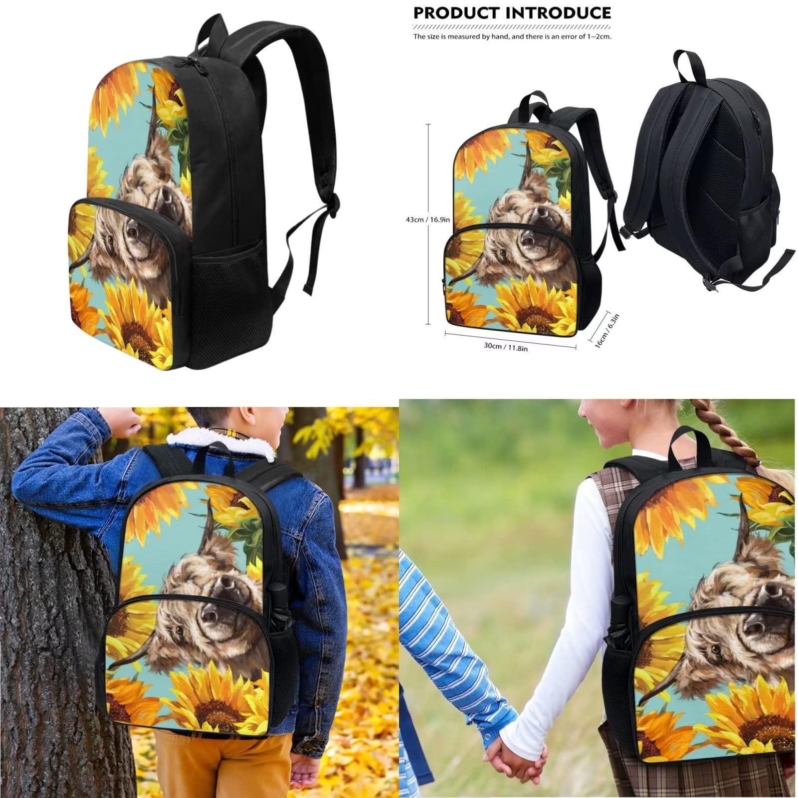 POLERO Mochila escolar de caballos para niños, juego de bolsas de almuerzo, estuche para lápices, 3 piezas, bolsas escolares, Vaca de girasol, Talla única, Mochila infantil