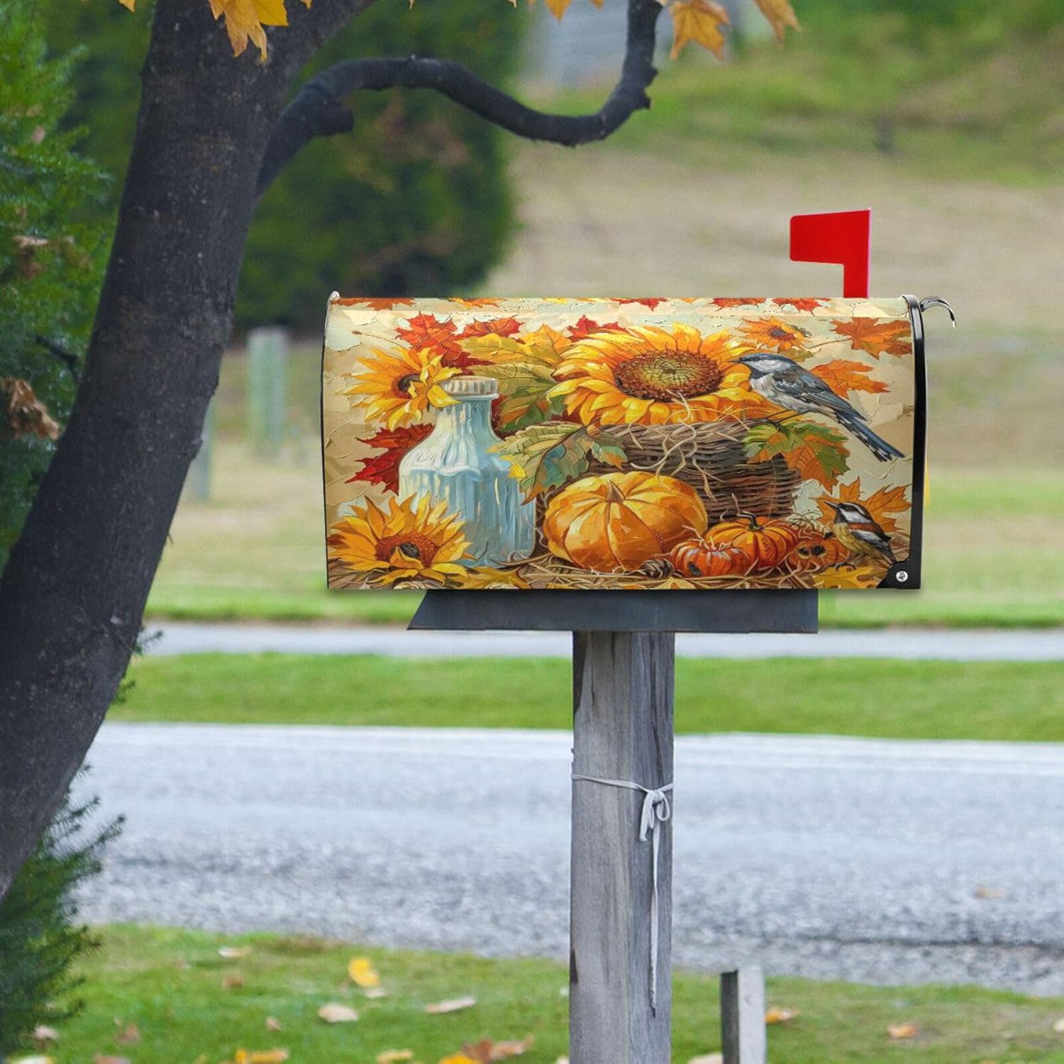 Thanksgiving Harvest Sunflower Pumpkin Mailbox Cover Magnetic Standard Size Autumn Leaf Mailbox Covers Letter Post Box Cover Wrap Decoration Welcome Home Garden Outdoor 21" Lx 18" W
