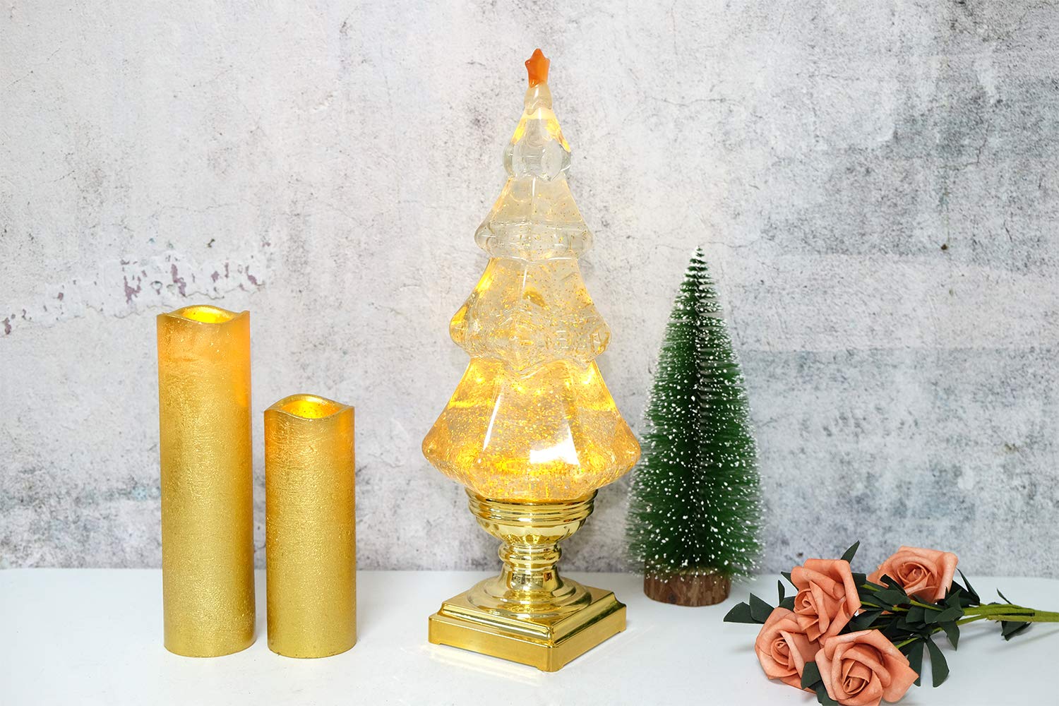 Eldnacele Boule à neige musicale lumineuse en acrylique transparent avec ligne USB et minuterie de 6 heures pour décoration de la maison, piédestal doré de 35,6 cm