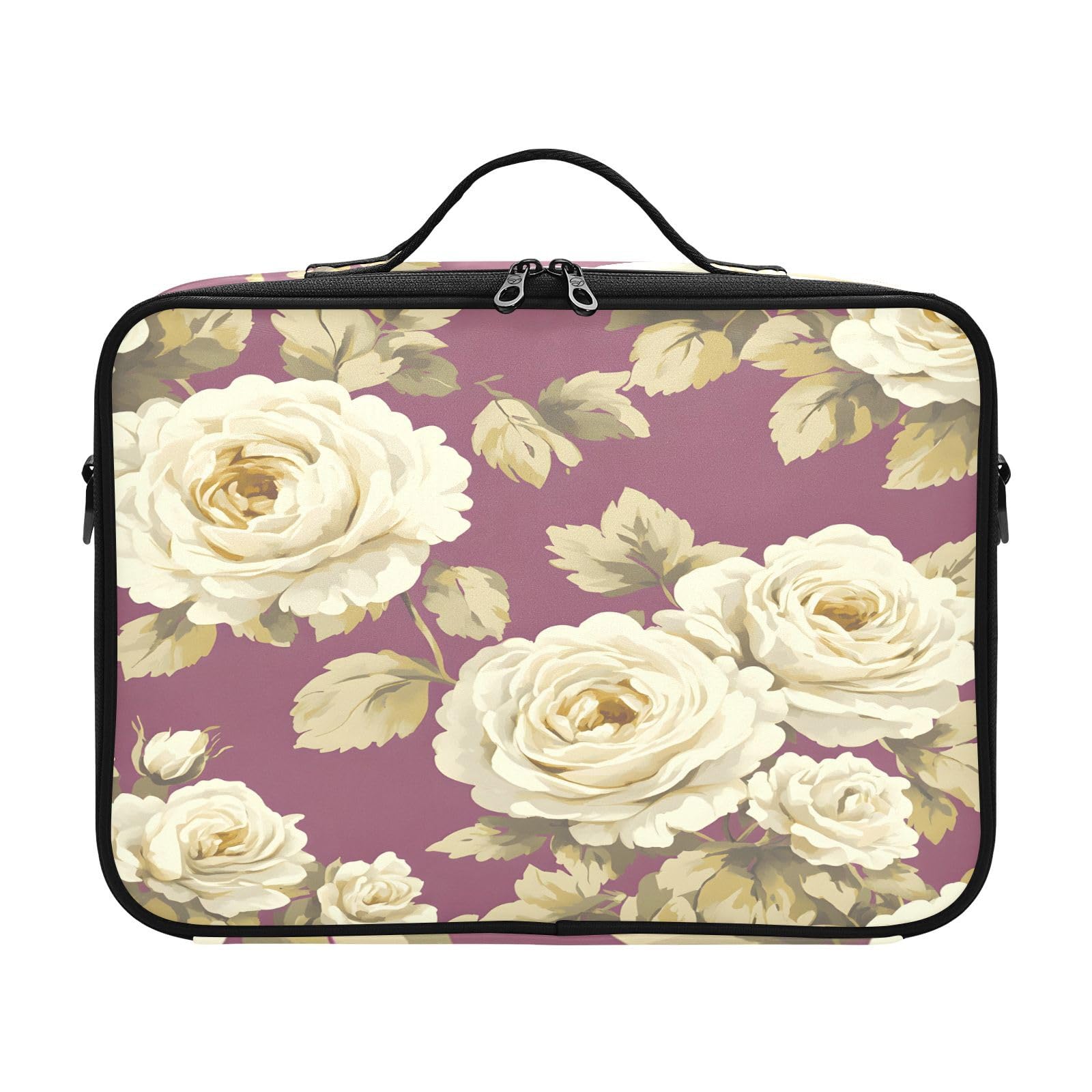 zyrtty Travel Makeup Train Case Flower Purple White Pattern Cosmetic Organizer Portable Storage Bag with Adjustable Dividers for Cosmetics Brushes Toiletry Jewelry Digital Accessories