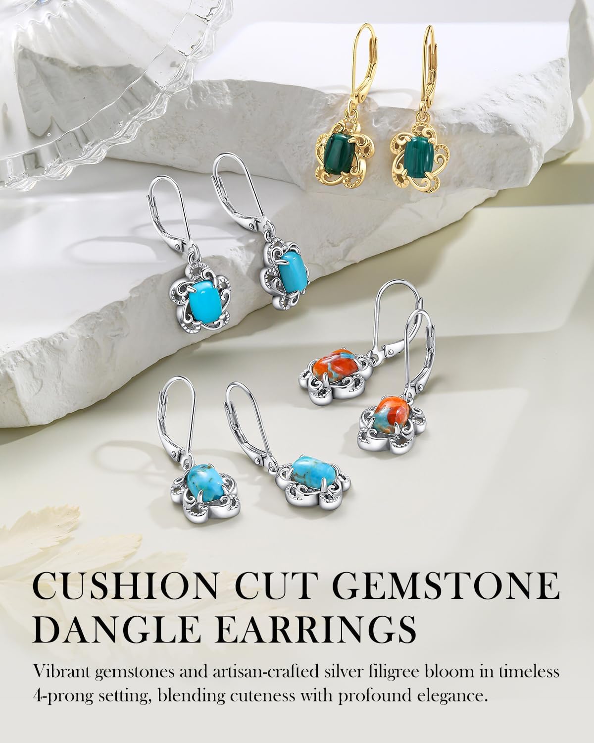 AIBAO Genuine Turquoise/Malachite/Coral Dangle Earrings for Women Sterling Silver Flower or Round Gemstone Drop Earrings Christmas Valentines Birthday Jewelry Gift with Box - Image 4