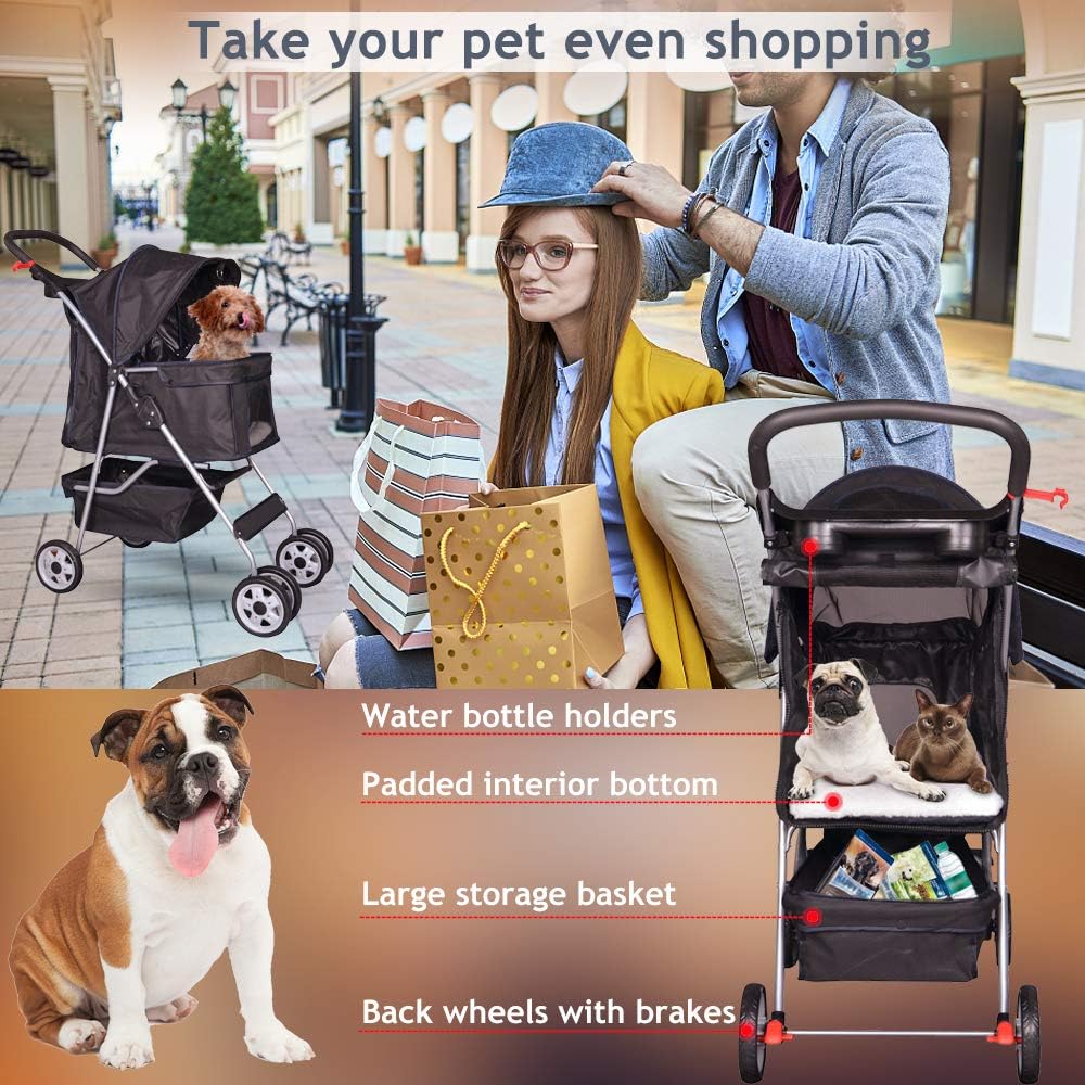 Dog Stroller Pet Stroller Cat Stroller 4 Wheels Pet Jogger Stroller 25lbs Capacity Travel Lite Foldable Carrier Strolling Cart W/Cup Holders Removable Liner for Medium and Small Dog,Black : Pet Supplies