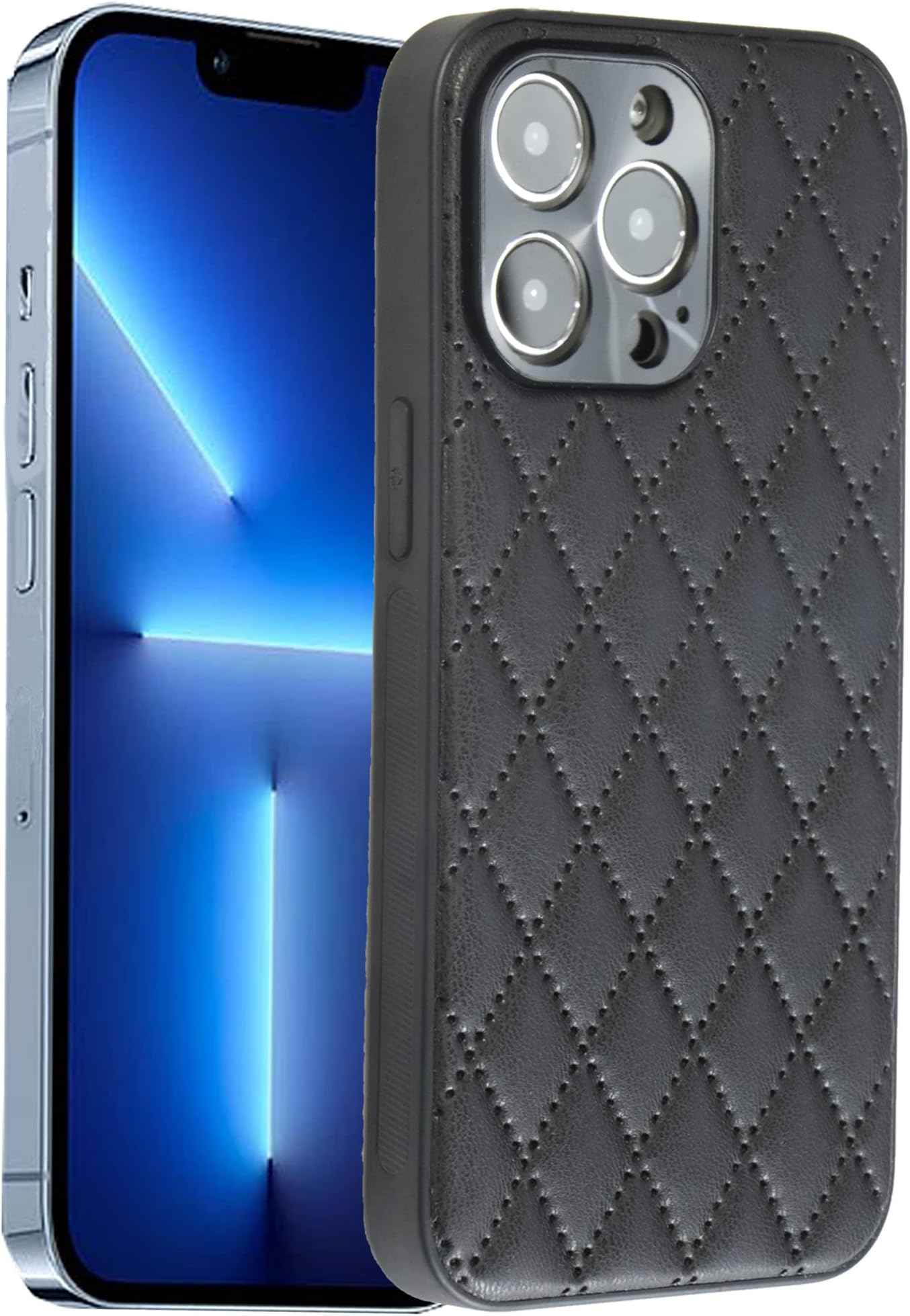 IvachellCompatible with iPhone 13 Pro case Lattice Grid with Grace Luxury Soft 13pro Plaid Cover Phone Cases for Women Girly 2021 6.1 inch (Black)