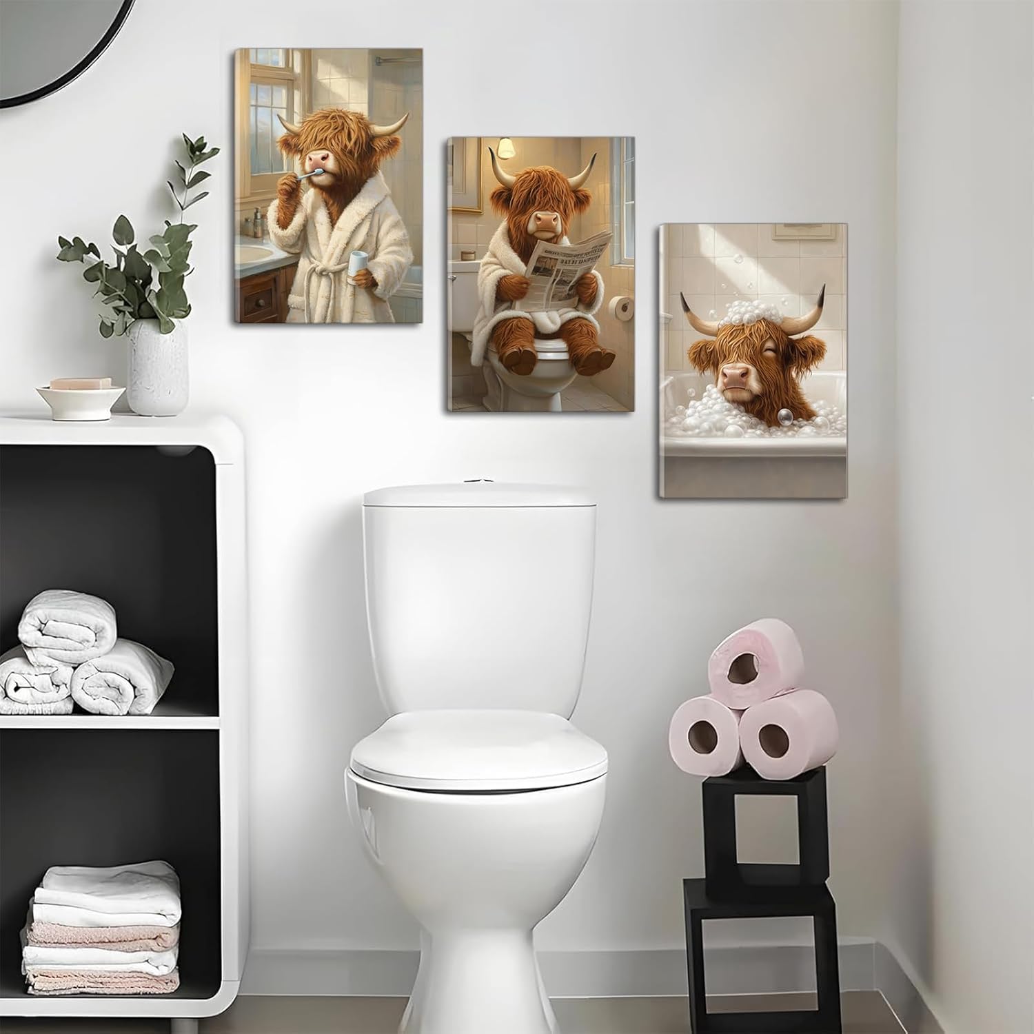 3Pcs Funny Bathroom Highland Cow Canvas Wall Art Animal Bathroom Paintings Pictures Wall Decor Rustic Farmhouse Brown Cute Cow Poster Printing Artwork for Restroom Toilet Home Decoration