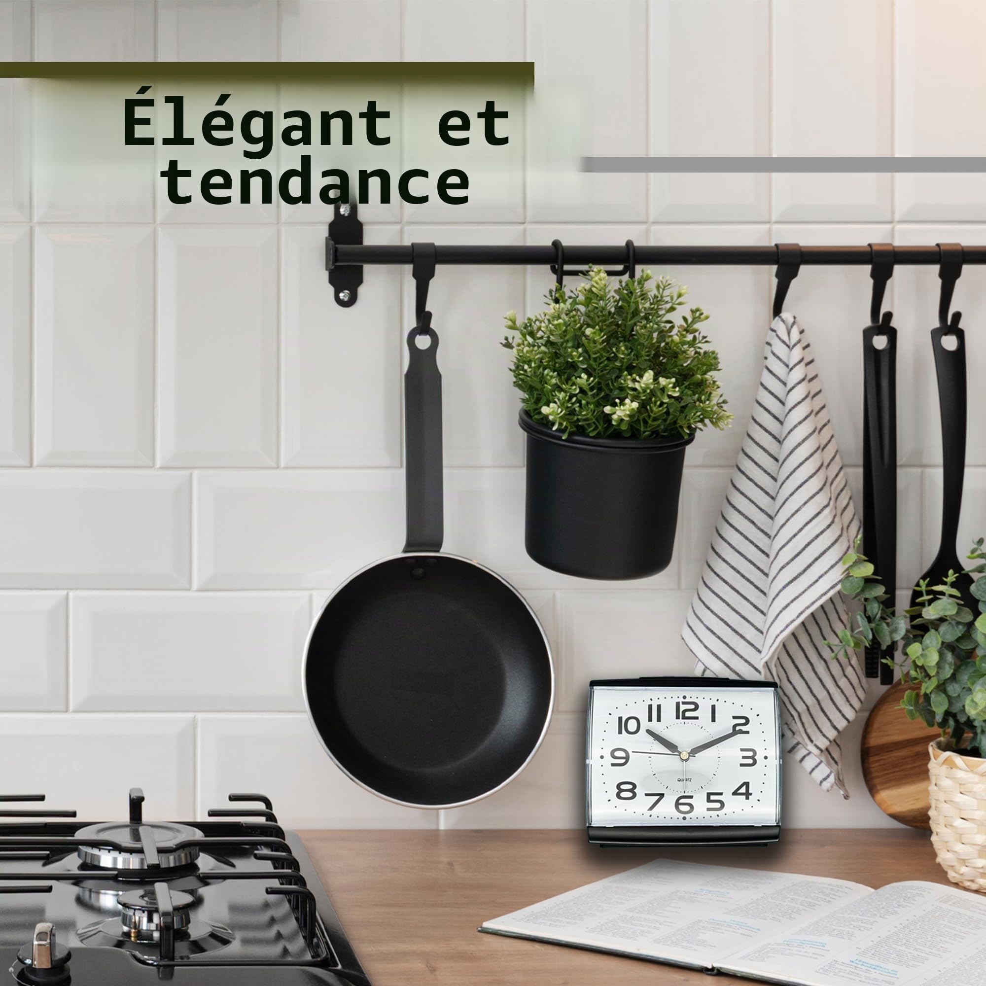 A5 - Réveil silencieux sans tic-tac, grande taille, horloge analogique avec veilleuse, fonction snooze, alimentation par piles, design Art déco, idéal pour toutes décos