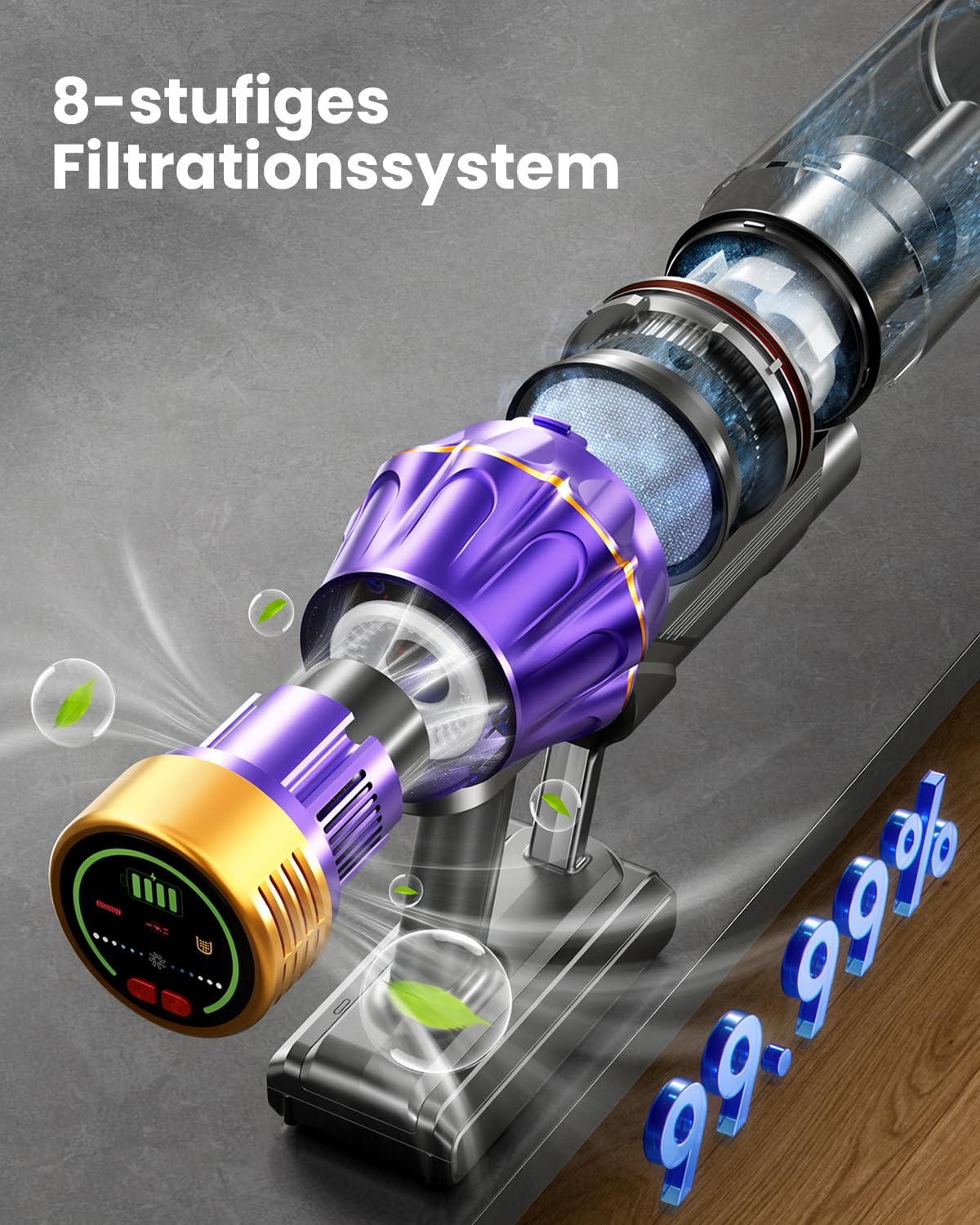 Akku Staubsauger, 50KPa/600W/70Min Staubsauger Kabellos mit Selbststehend, 1,8 L, Anti-Tangle-Bürste, 8-Schicht-Filtration, LED Display, akkustaubsauger für Tierhaare/Hartböden/Teppich (Goldfarben)