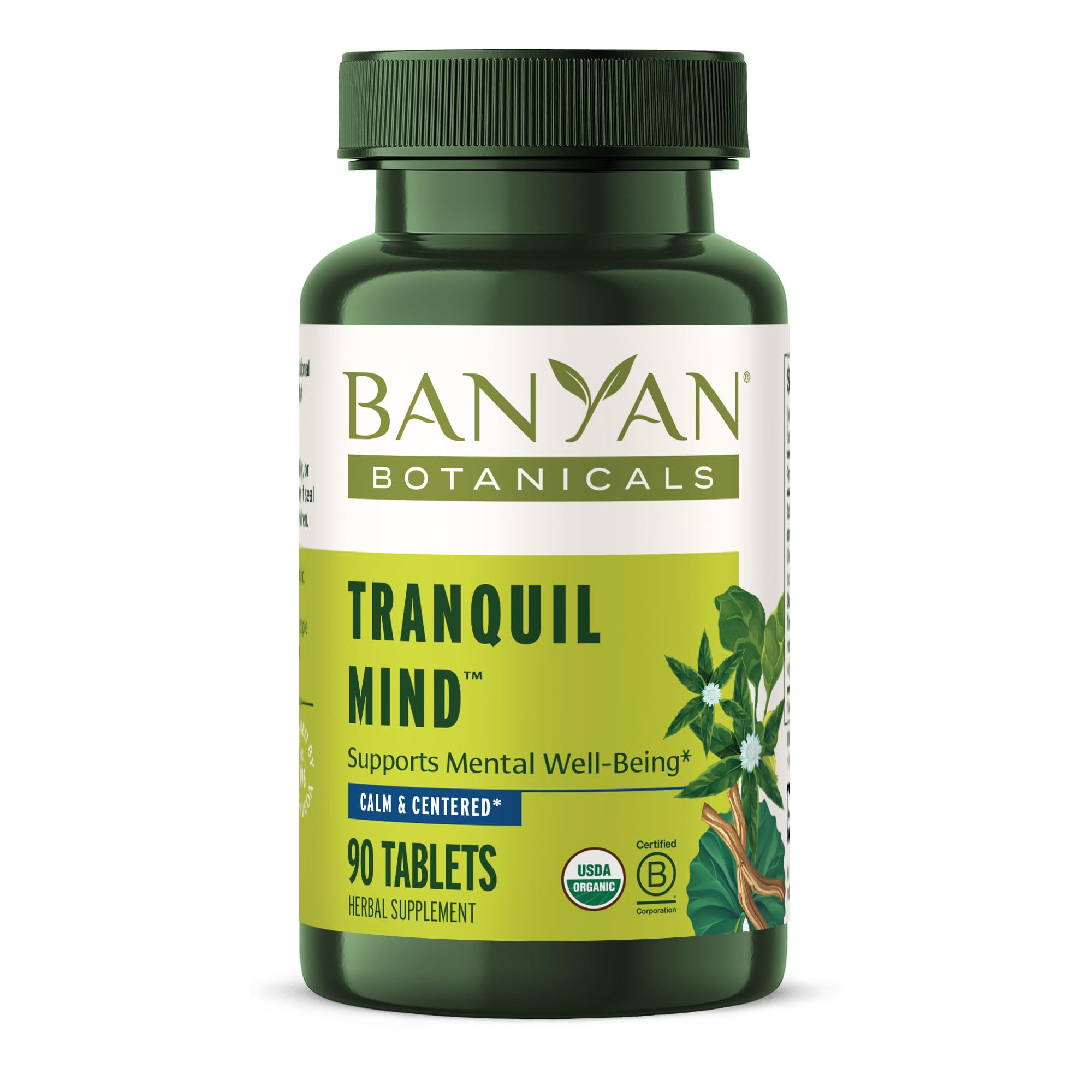 Banyan植物学主题 Tranquil Mind – 与古都奇,Gotu Kola & Skullcap – 支持偶发焦虑,促进冷静感 * – 90 板块 – 非GMO 可持续来源 Vegan