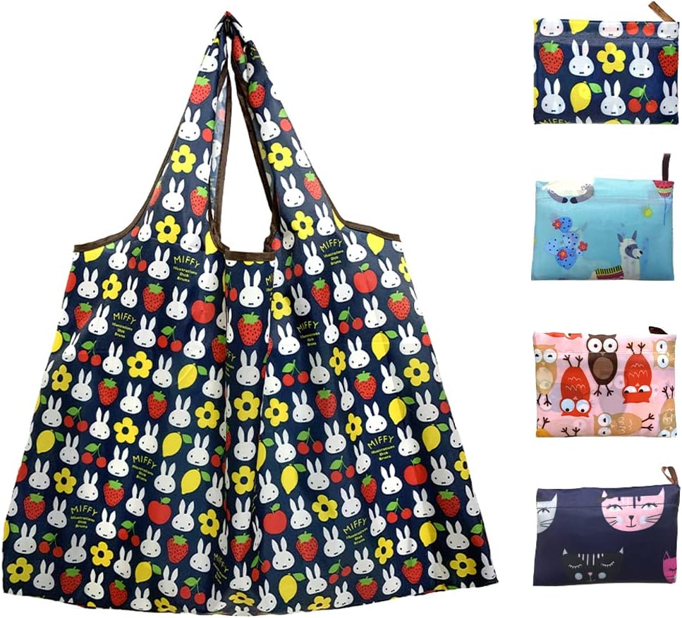 4 Packs Reusable Grocery Bag Large Washable Fold Nylon Shopping Tote Bag