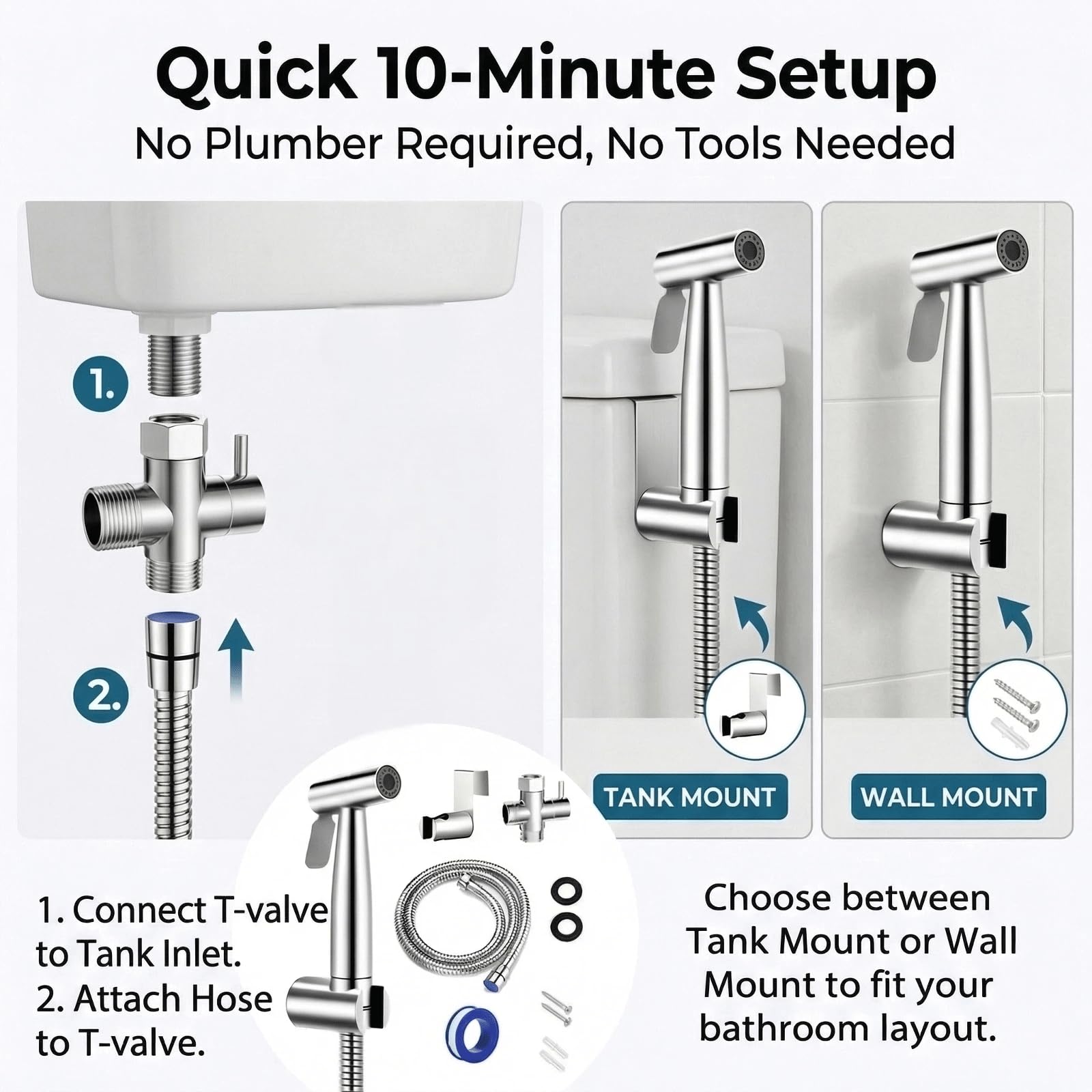 Grifo Bidet para WC Ducha Higiénica de Acero Inoxidable con Manguera 1.5m, para Higiene Personal y Limpieza de Mascotas Incluye Adaptador G1/2 (Acero)