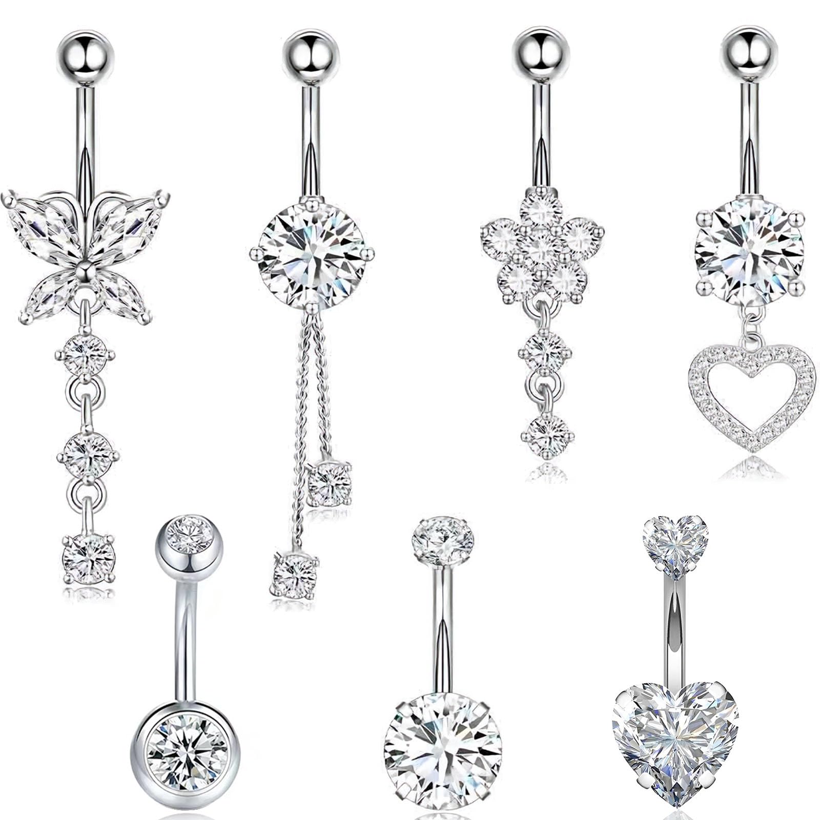 Surgical Stainless Steel Belly Button Rings Long Short 16g Set of 6, Stainless Steel