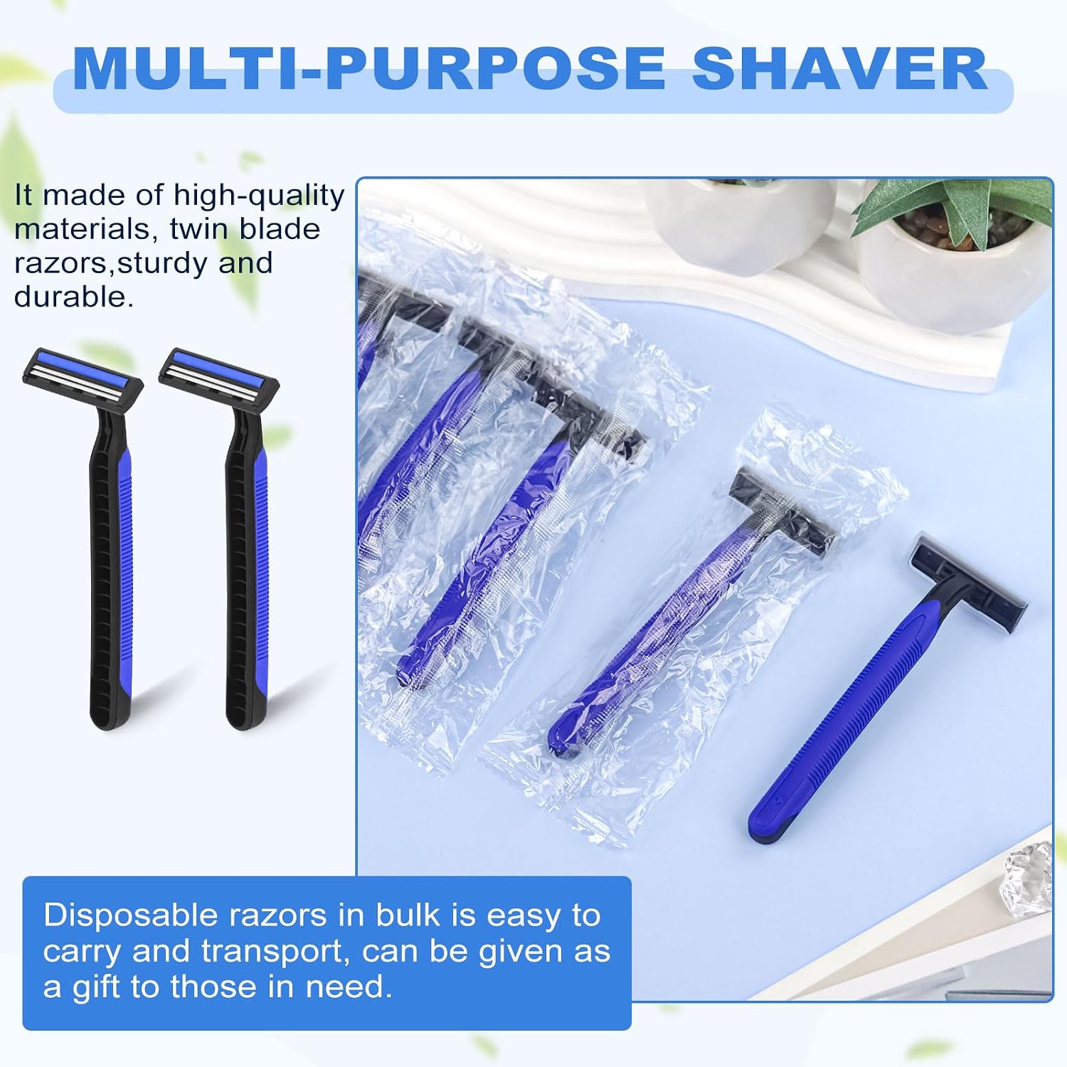 100 Disposable Twin Blade Razors in Bulk,Individually Wrapped,Blue