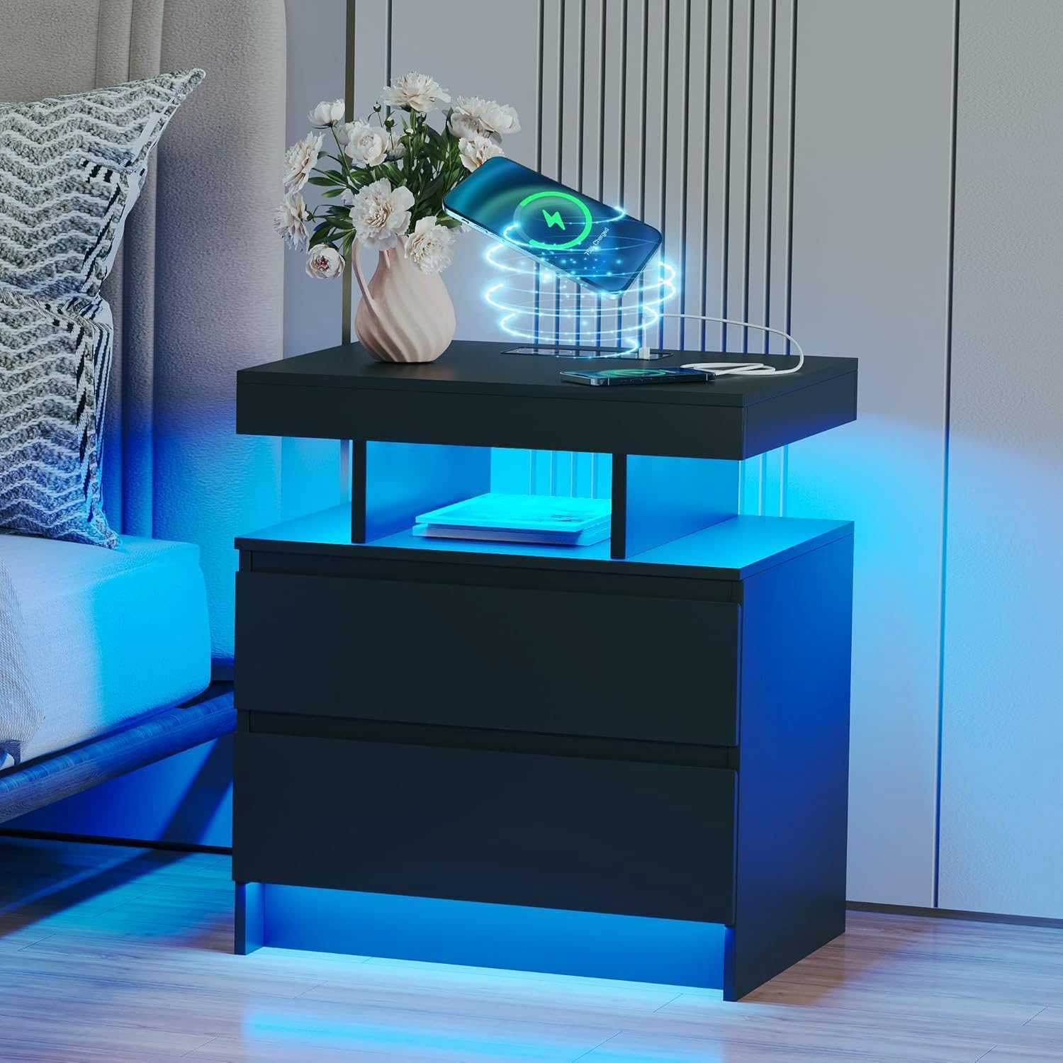 dnbss Comodino con stazione di ricarica e luce LED, comodino moderno con 2 cassetti, comodino intelligente con porte USB e caricabatterie wireless, comodino per camera da letto, nero