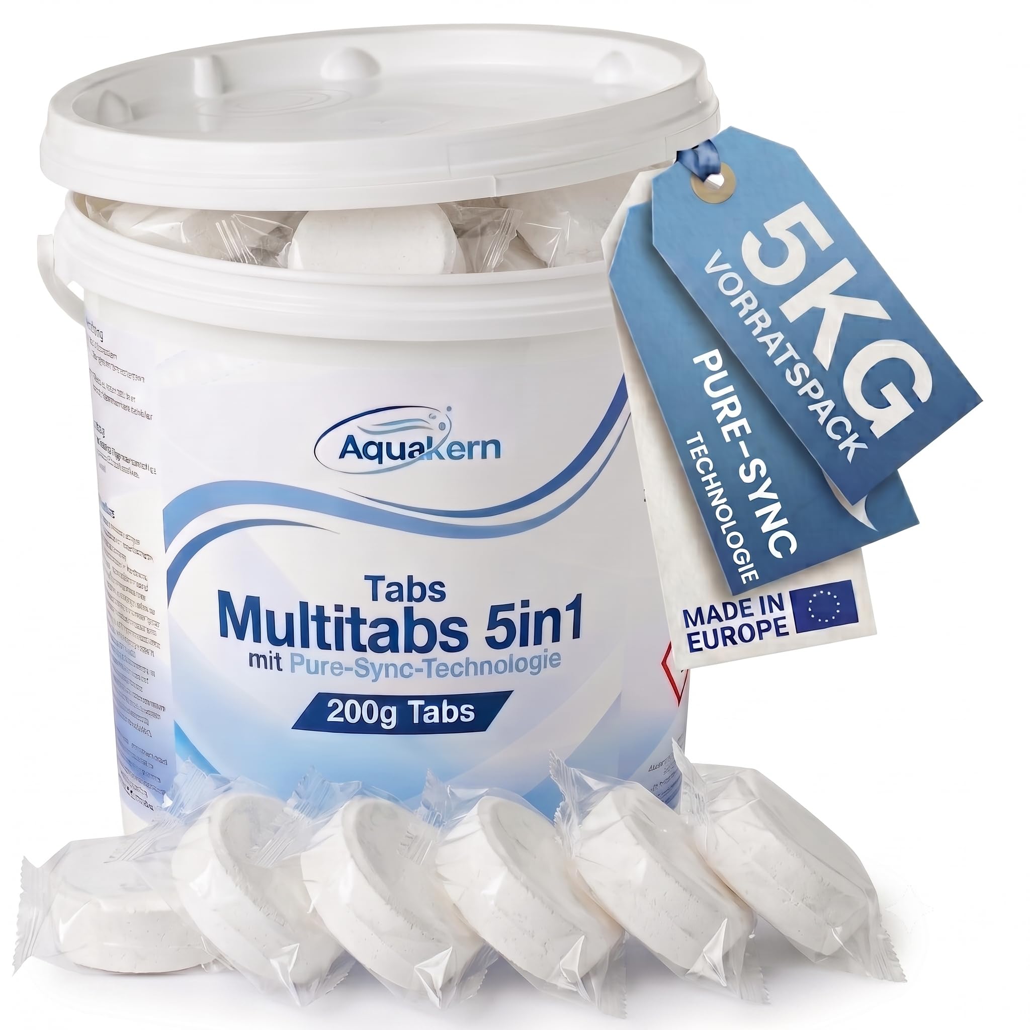 Chlortabletten Multitabs 5in1 Pool 200G 5KG [mit Pure-SYNC] einzeln verpackt | gegen Algen, mit pH-Regulierung, Pooldesinfektion & gegen Kalkablagerungen | Made in Europe