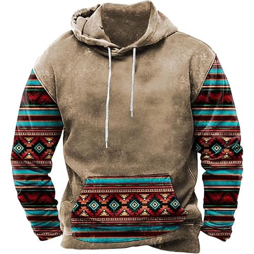 Zeiyignr Men's Western Aztec Sweatshirts, Ethnic Print Graphic Patchwork Hoodies Slim Casual Pullover Tops with Drawstring