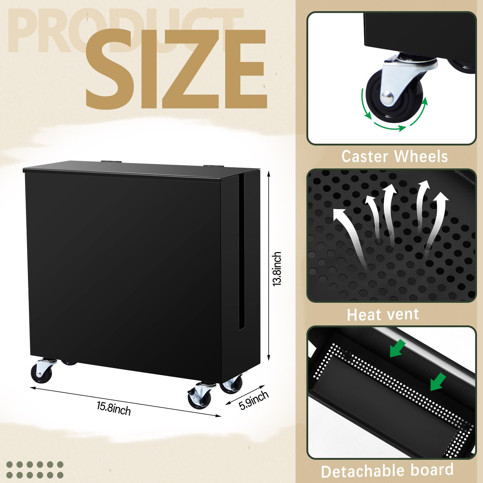 Briwooody Scatola di gestione dei cavi extra large con ruote girevoli, regolabile, per ciabatte, router in metallo, organizer per protezione da sovratensioni, organizer per ufficio, casa (nero)