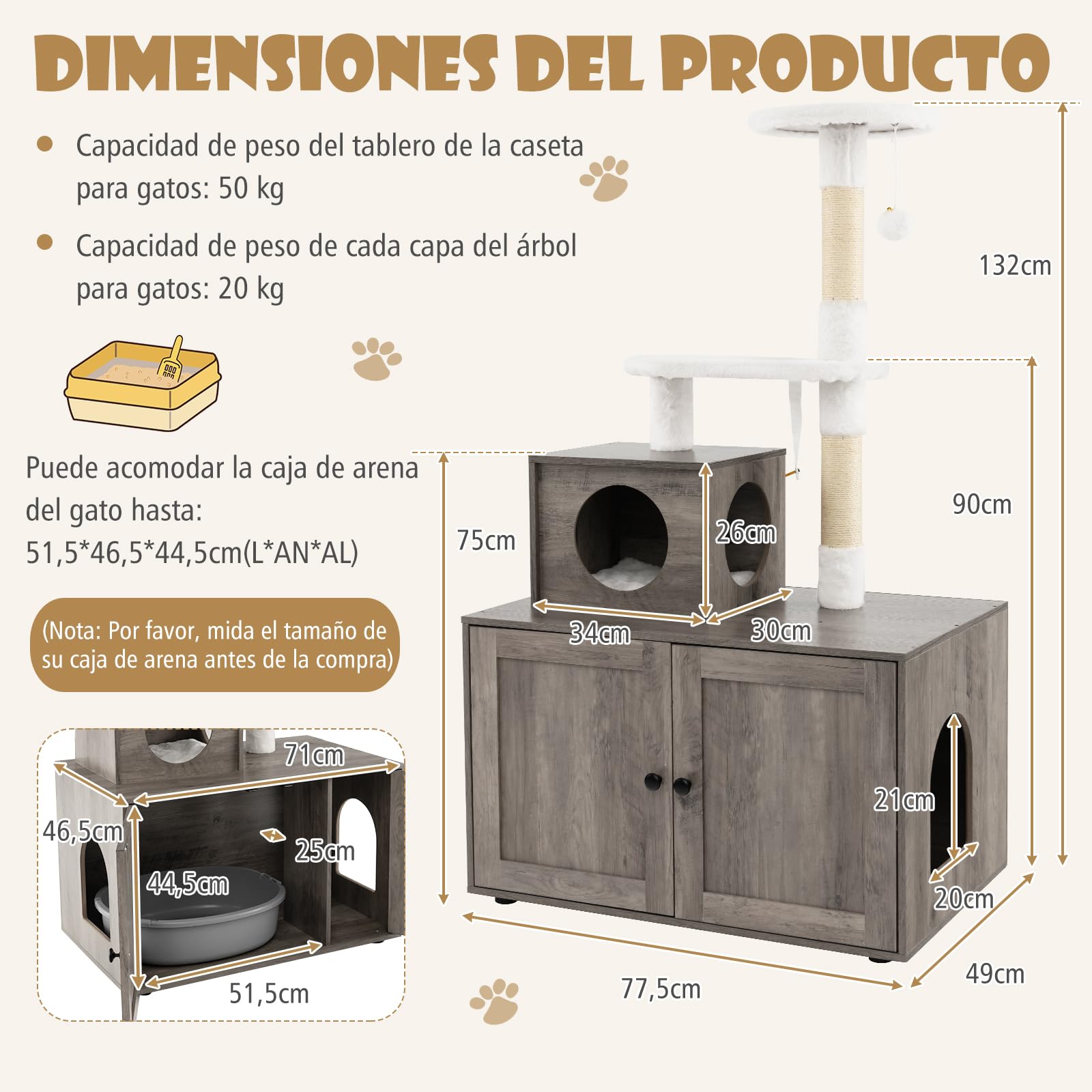 COSTWAY 3 en 1 Rascador para Gatos con Nido y Caja de Arena, Árbol Estable de 3 Niveles con 2 Postes de Sisal, 2 Plataformas y Juguete Colgante (Gris Oscuro)