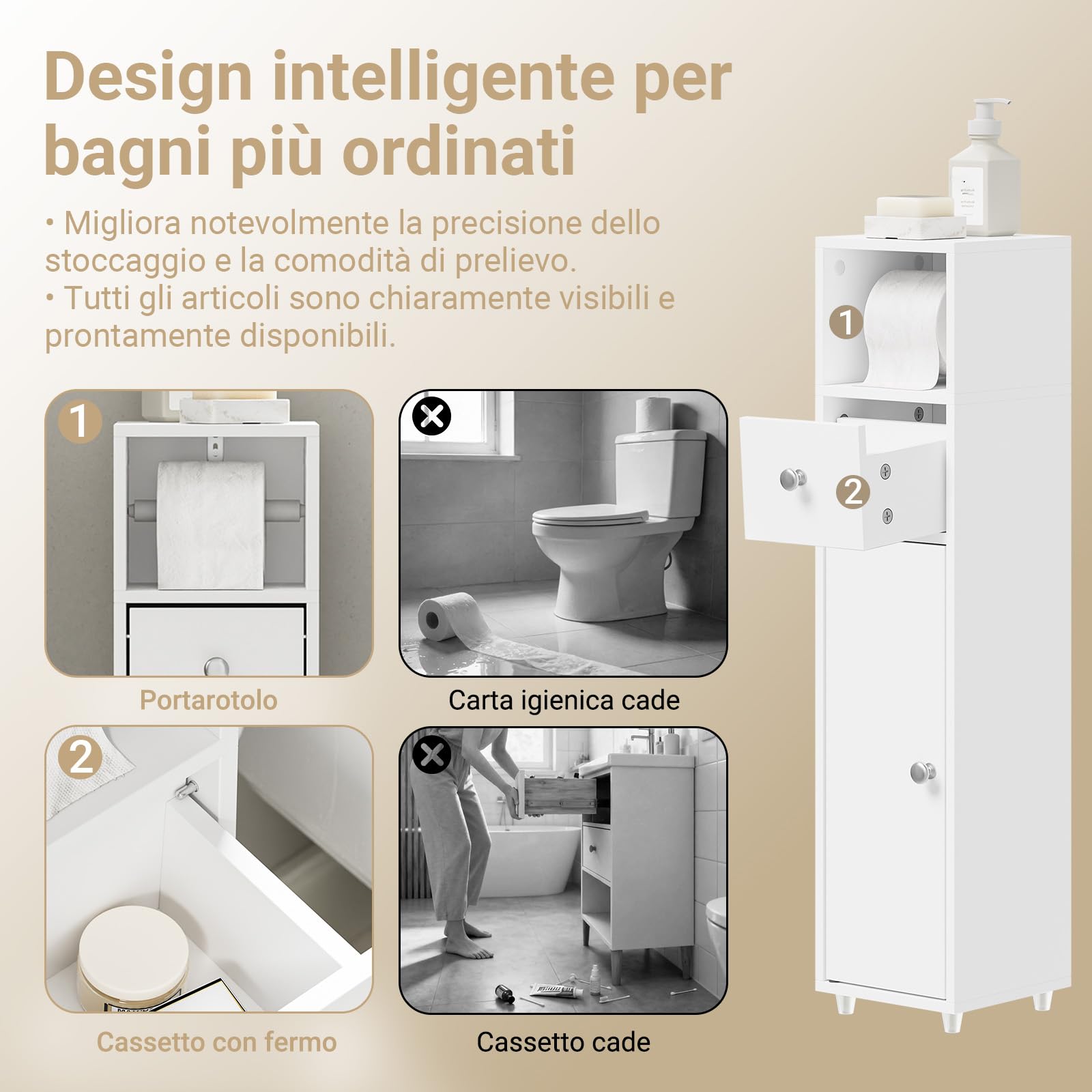 SoBuy Mobile Bagno Salvaspazio 20cm con Porta Carta Igienica per WC | Mobiletto Bagno Stretto e Cassetto Armadietto Bianco a Terra per Piccoli Spazi Cassettiera Sottile BZR219-W