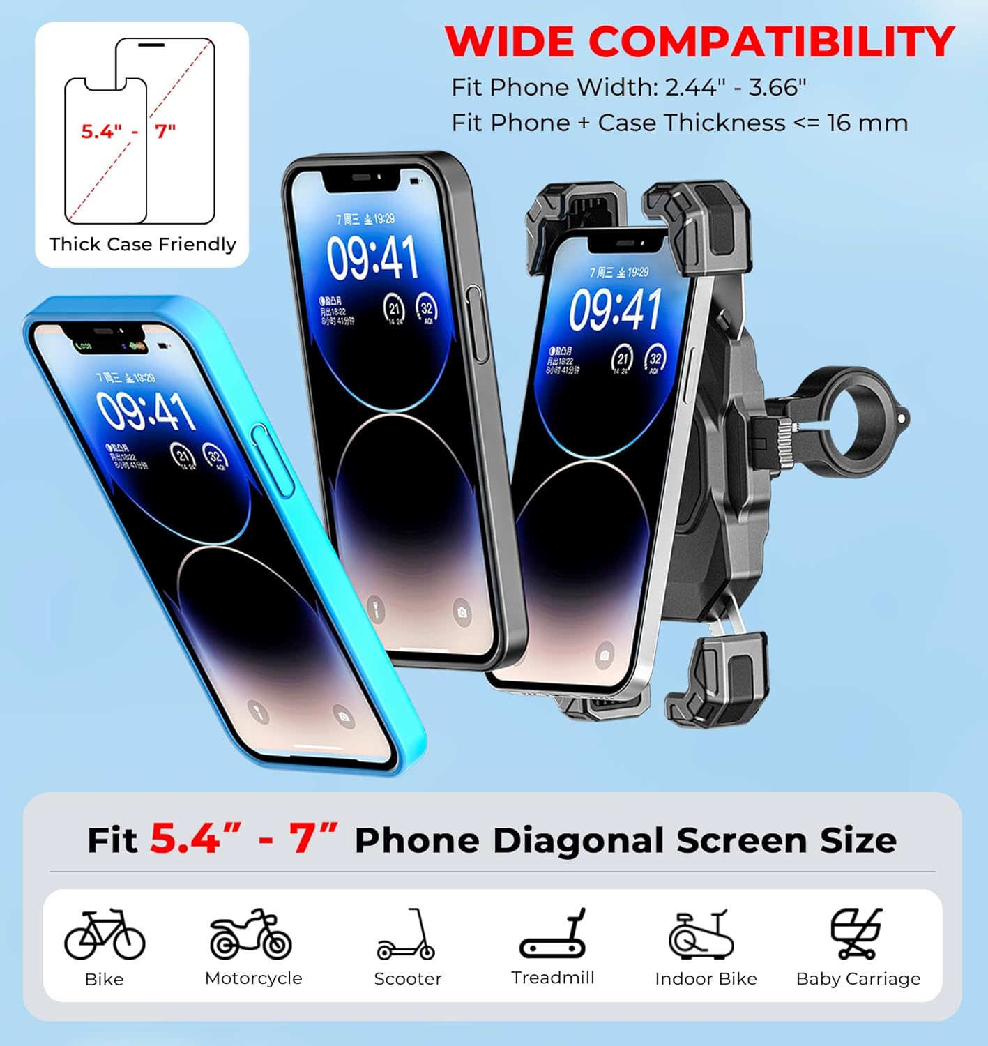 Motorcycle Phone Mount, 1s Lock Bike Phone Holder, One-Handed Operation Motorcycle Cellphone Mount with Aluminum Alloy Handlebar Mounting Base for Bicycle Scooter, Fit 5.4"-7" Smartphone - Image 7