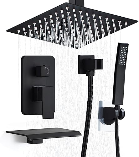 Miniatura 51 de Juego de grifo de ducha de 12 pulgadas, montaje en techo, sistema de ducha de lluvia de alta presión, combo de rociador de ducha de lluvia cuadrado