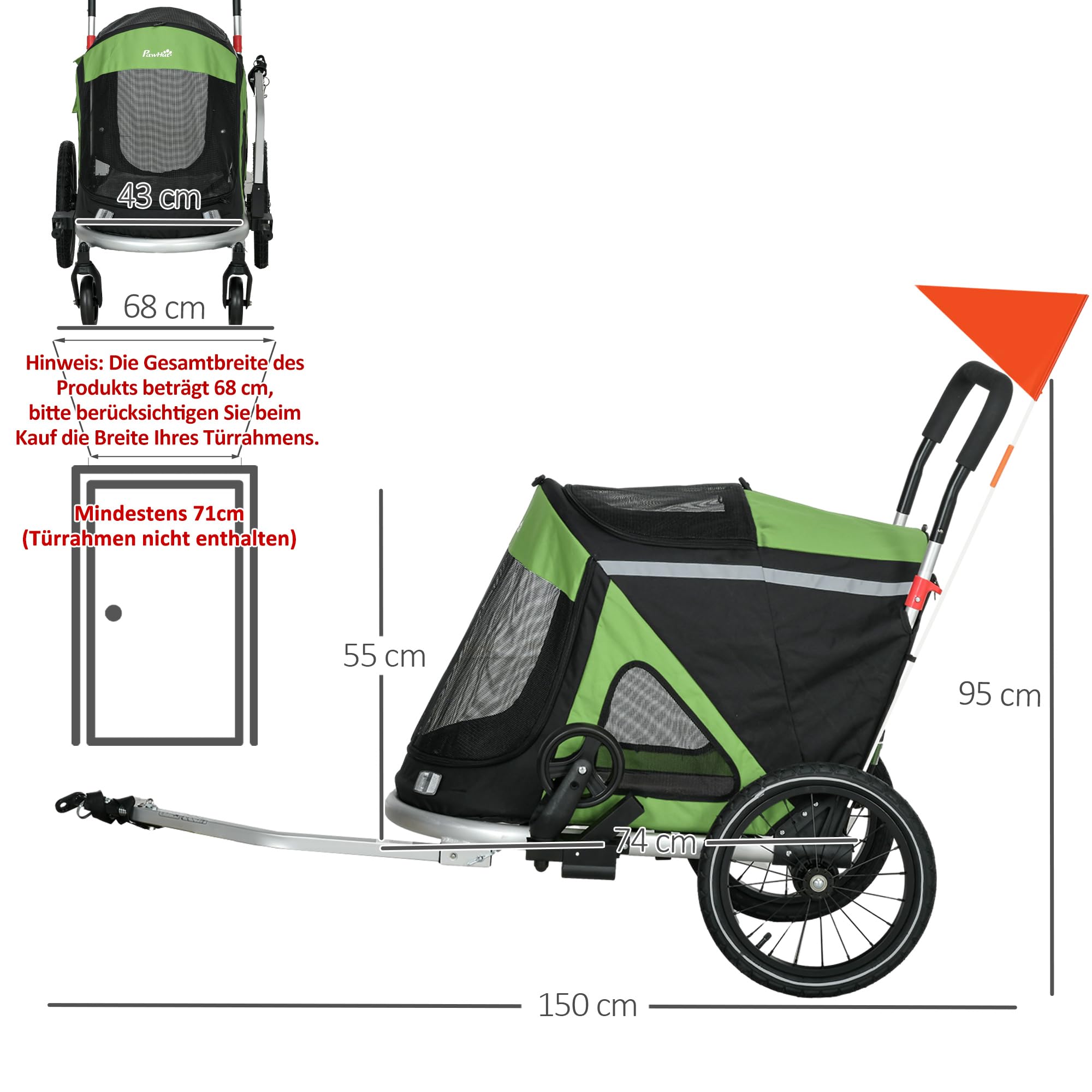 Aosom Remorque vélo et Poussette 2 en 1 Pliable Chiens Moyens Vert