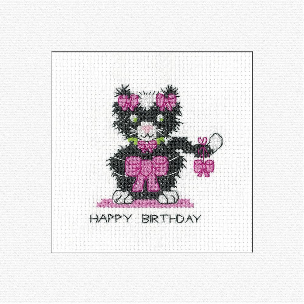 Heritage Crafts Black Cat Birthday Bow - Black Cat Cross Stitch Birthday Card