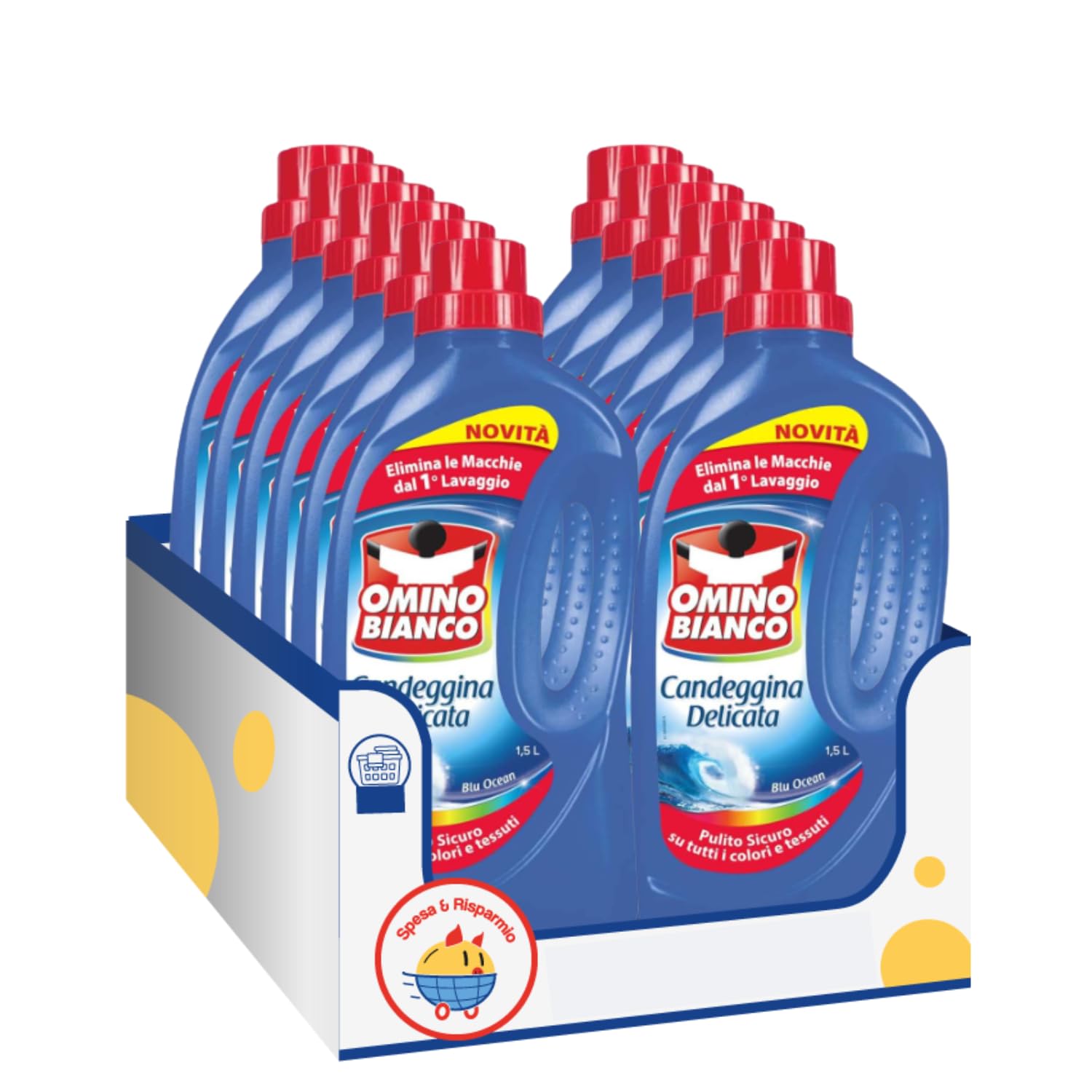 Candeggina Delicata Igienizzante Anti Odore – Essenza Blu Ocean – Tecnologia Smacchiante – Flacone da 1500 ml kit con Spugna Brandizzata SPESA & RISPARMIO Inclusa – Variazioni 4/8/12 Pezzi (12)