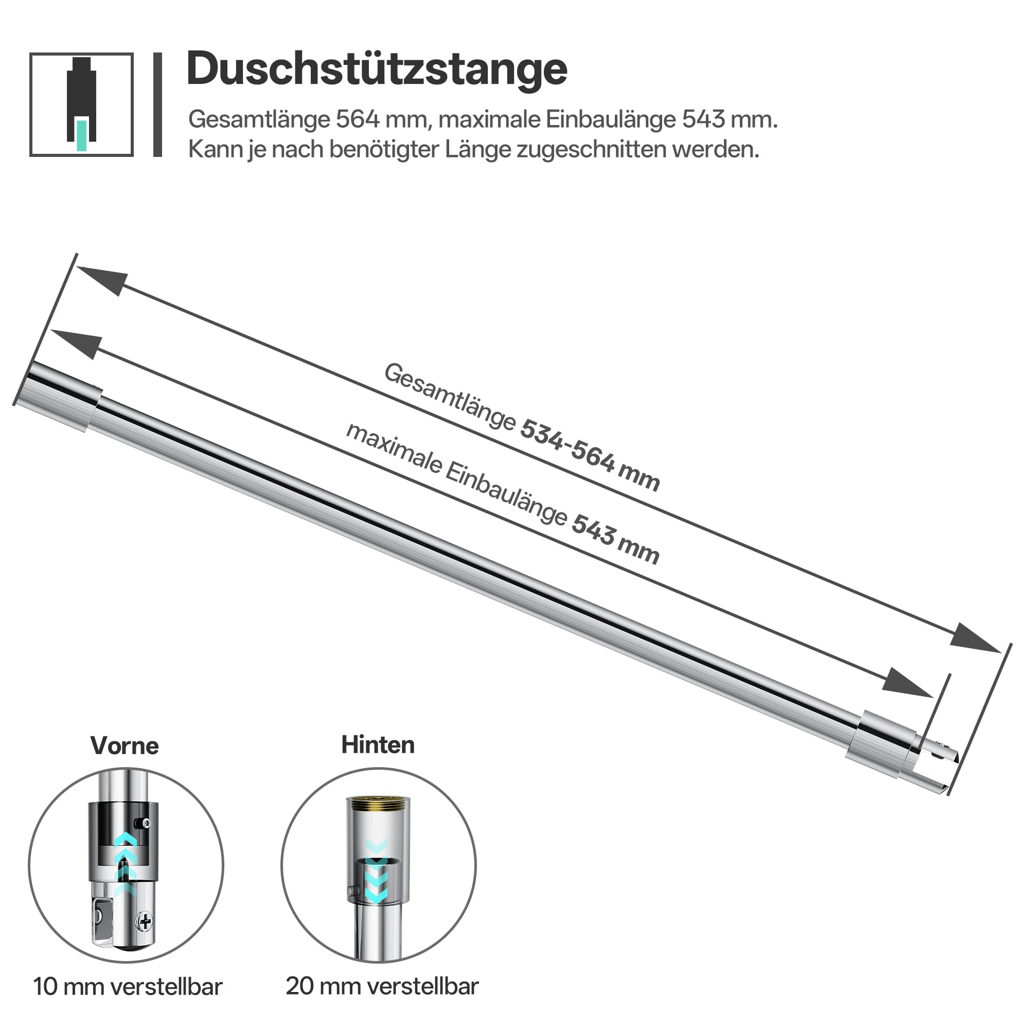 Deckenstütze 564 mm Duschstabilisator für Duschglas, Chrom