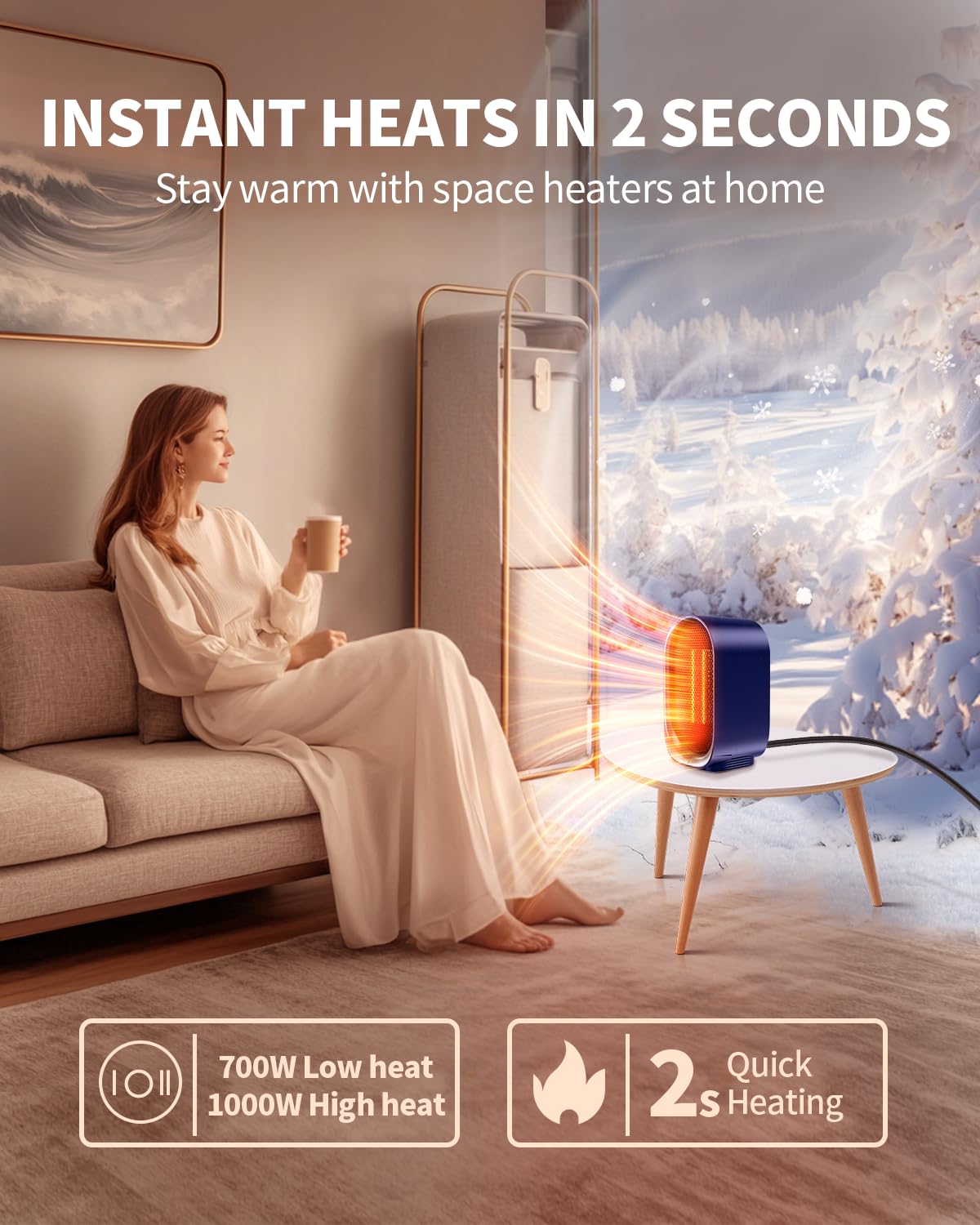 BZGG Space Heater, Portable Small Heaters for Indoor Use, Electric Desk Heater with Overheat and Tip-Over Protection, Mini Personal Heaters for Home Office Workspace, Blue in use