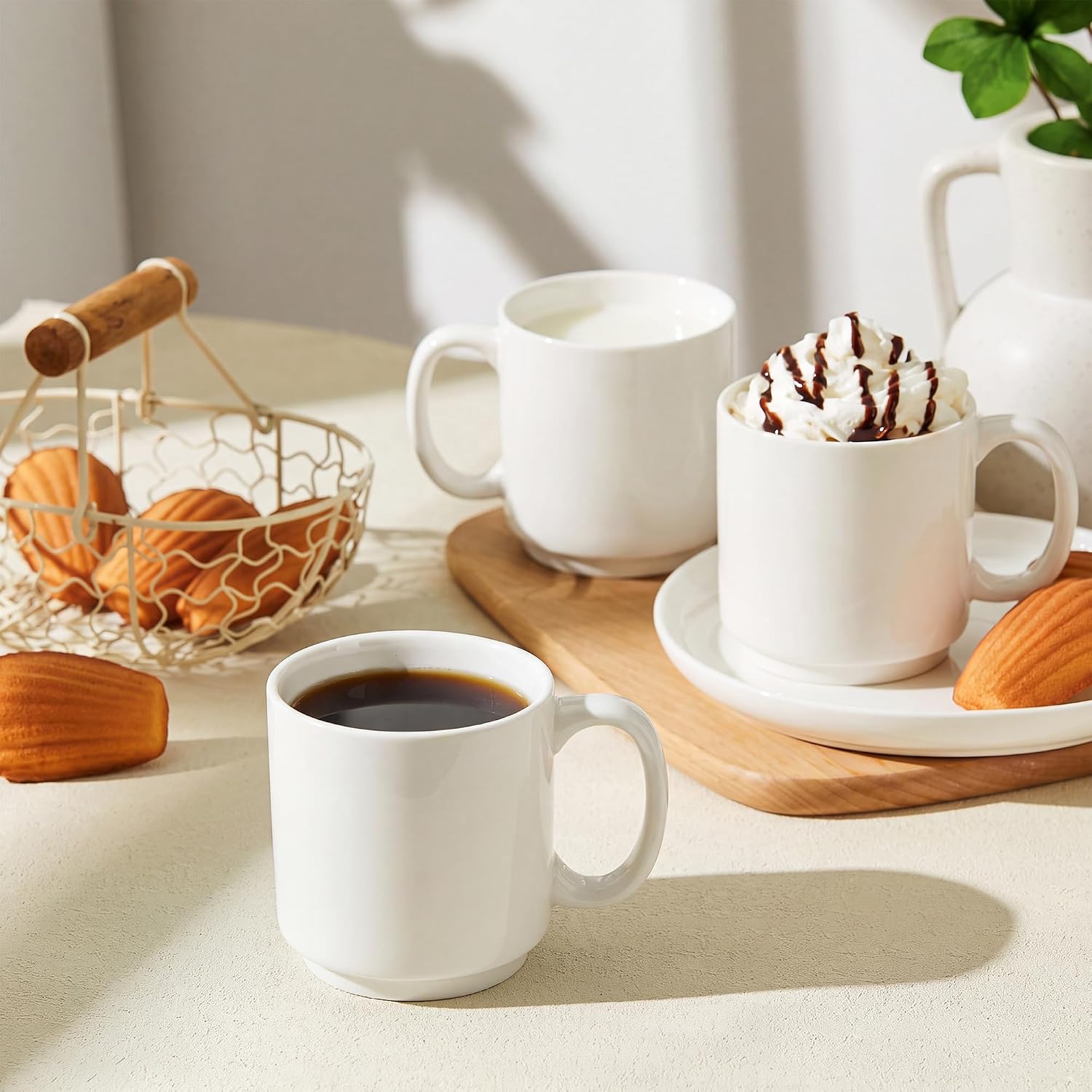 Sweese 16 oz Coffee Mugs Set of 6, Large Porcelain Mugs for Coffee, Latte & Tea, Space-Saving Stackable Design, Microwave & Dishwasher Safe, White image 4