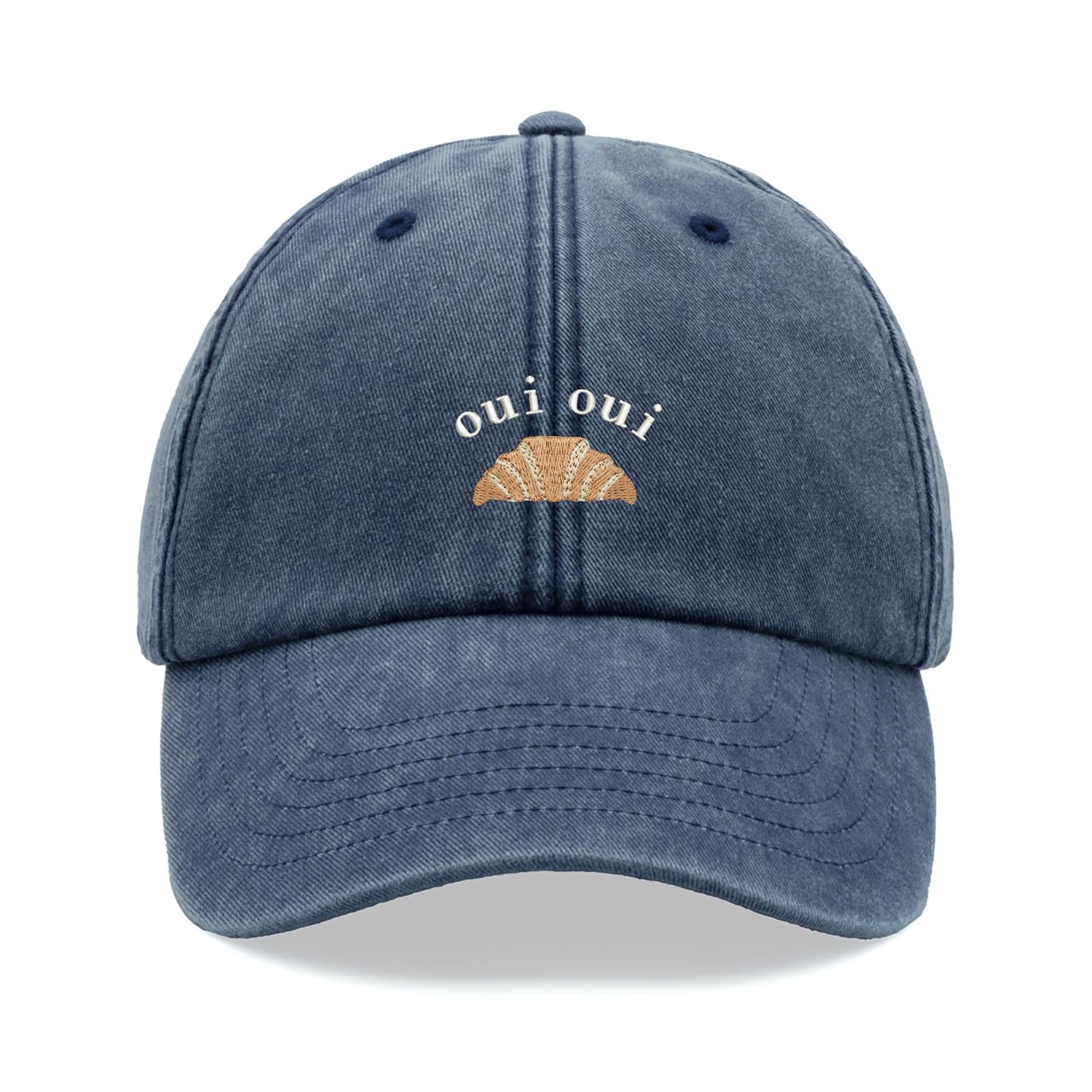 Oui Oui Croissant Baseball Cap Vintage Washed Unisex Dad Hat Adjustable Blue Denim