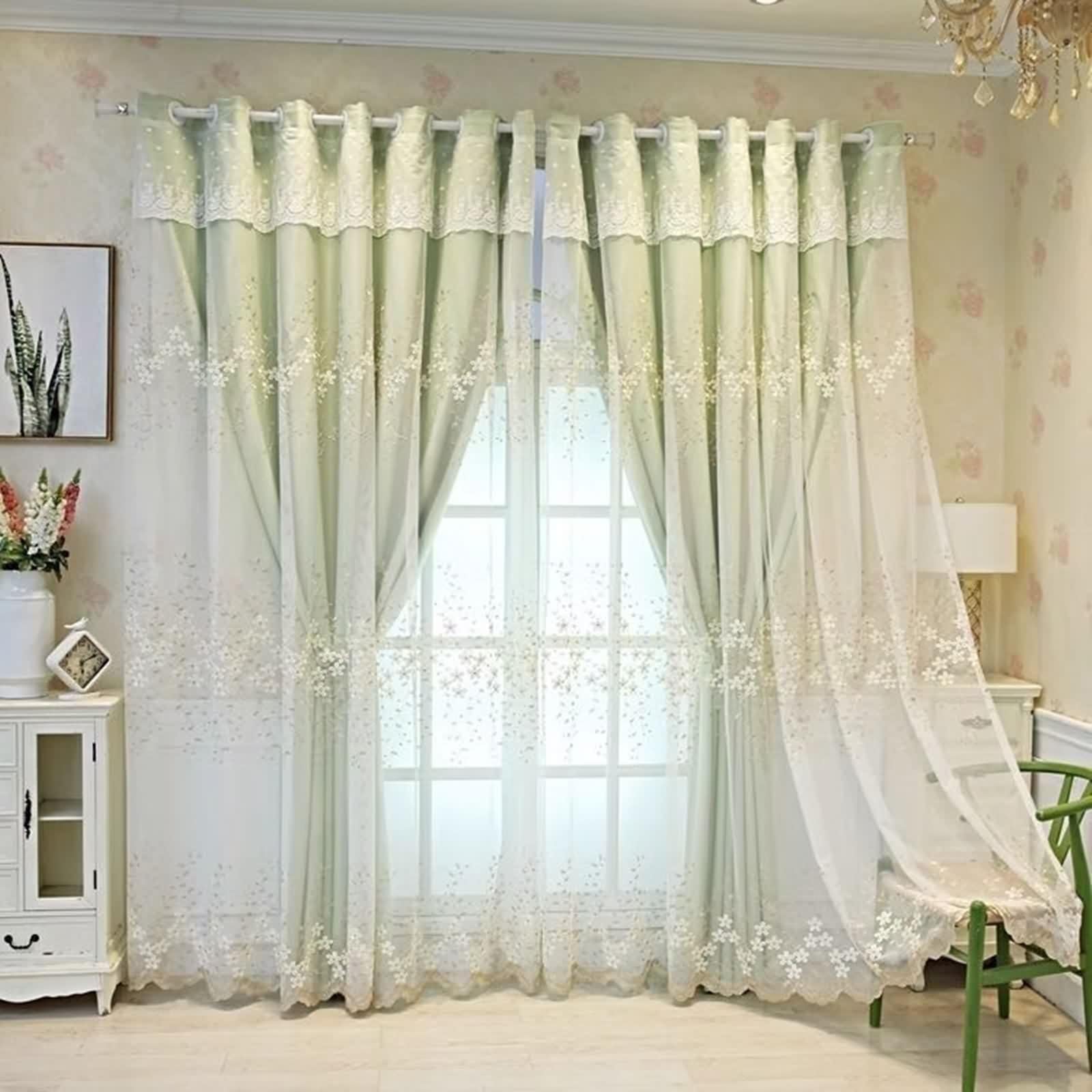 Rideau Fenetre Vert, Occultant Rideaux Fenetre Chambre Lot de 2 Tissu Broderie en Dentelle Double Couche LxH 132x274cm
