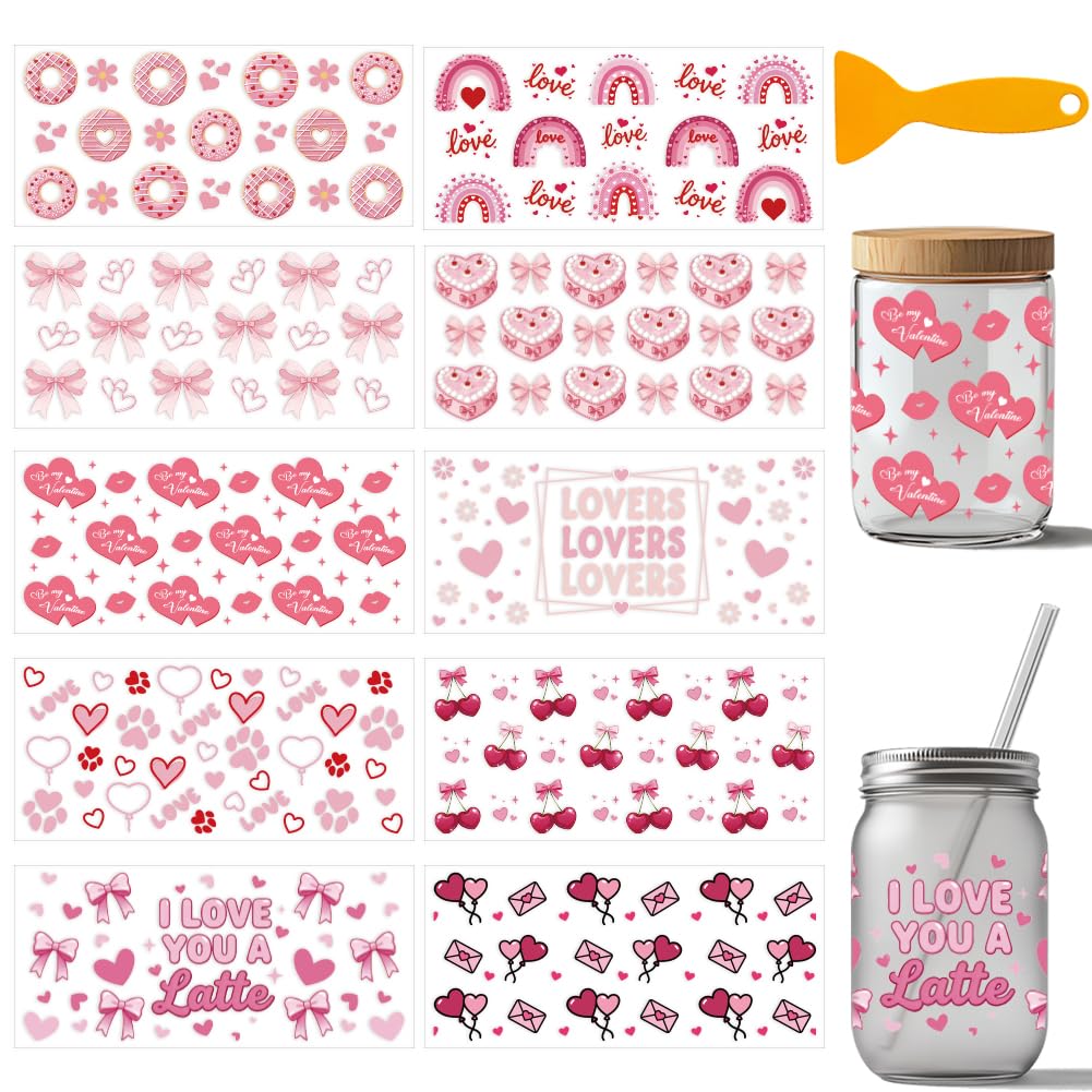 arricraft 10 Sheets Valentine's Day Theme UV DTF Cup Wraps, 10 Styles Pink Heart Love Bow PVC Transfer Stickers Waterproof Rub Decals for 16 OZ Glass Cups Crafts 9.5x4.3Inch — image 1