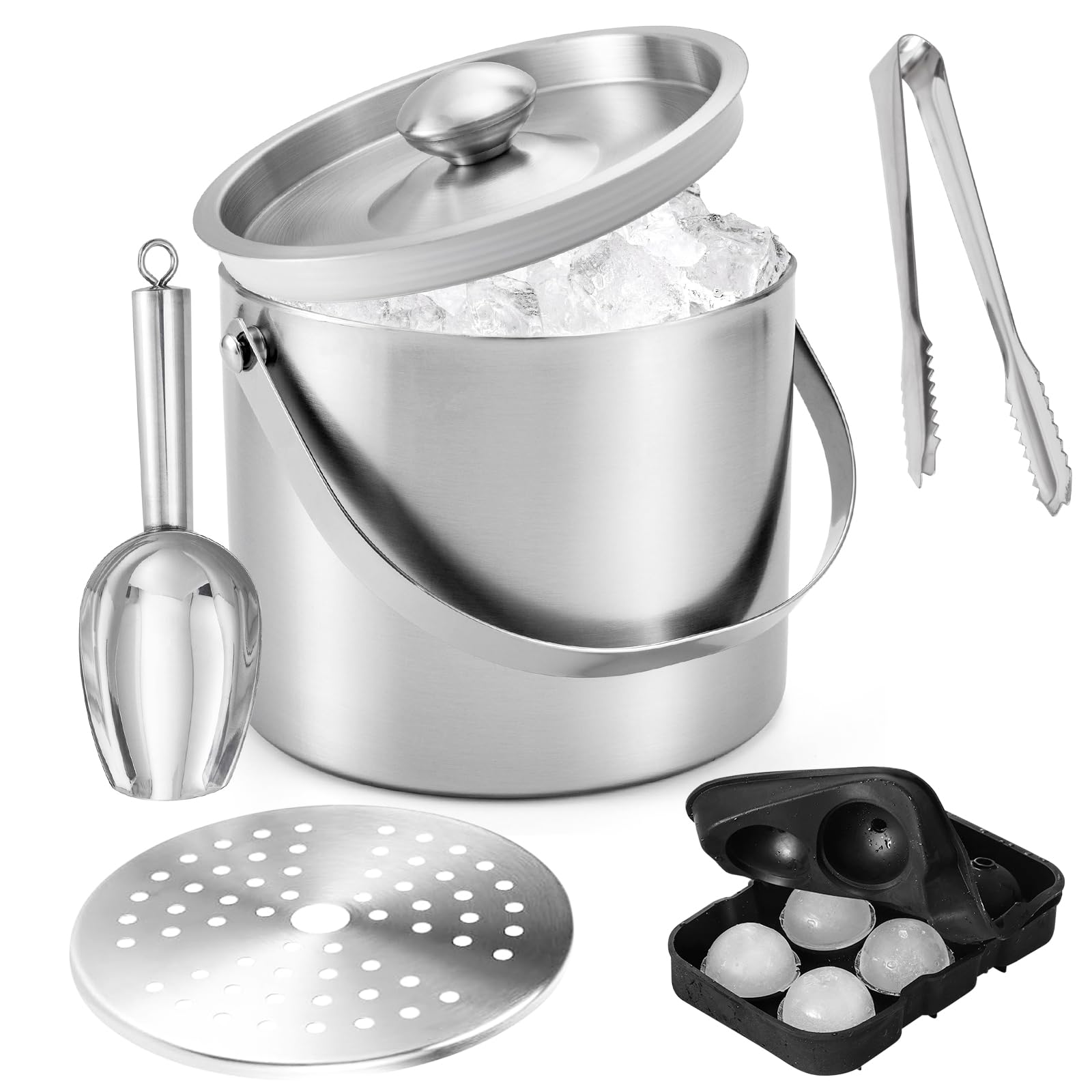 Cubitera de 4L con Tapa, Set de Cubo de Hielo de Acero Inoxidable de Doble Pared con Colador, Pinzas para Hielo, Pala para Hielo, Molde de Cubitos de Silicona, Enfriador de Champán y Vino para Cerveza