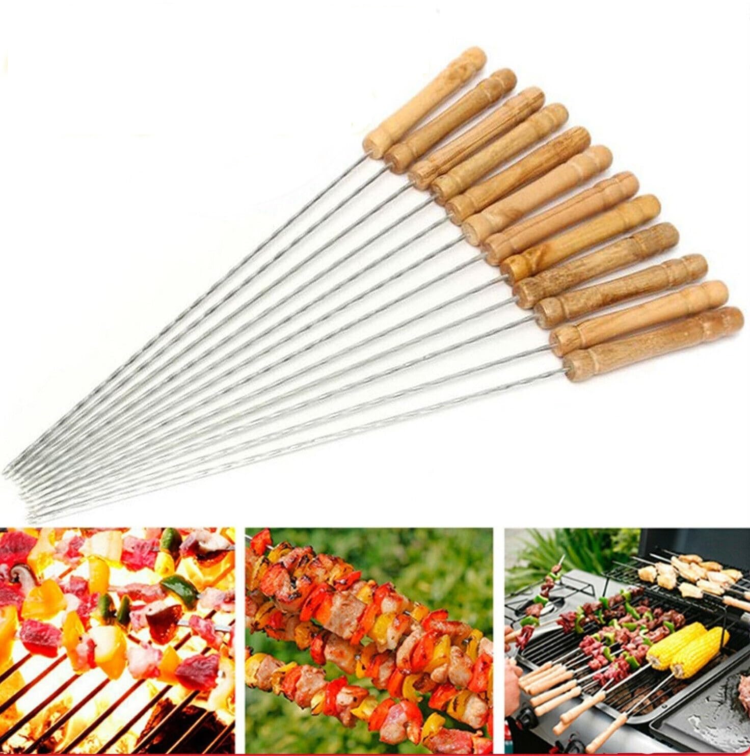 STAGER Skewers Stainless Steel for Grilling, Seekh Kabab, Tikka, Barbeque, Reusable BBQ Sticks, Metal Grilling Skewers, Wooden Handle - Durable, Easy-to-Clean (12 Inch, 12 pcs Stick). (B0C8N7KMCP) Amazon Price History, Amazon Price Tracker