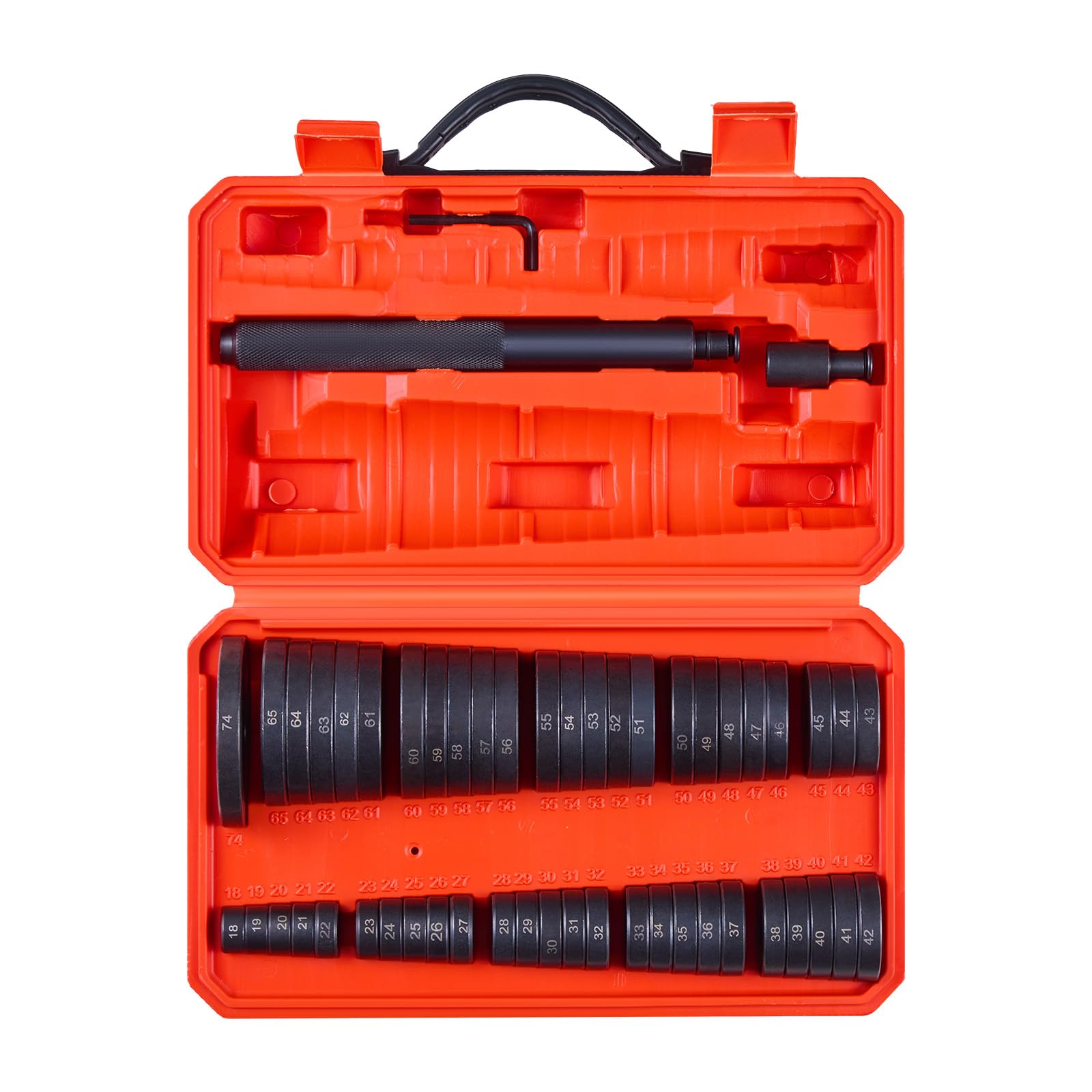 VEVOR Set di Estrattori Separatori per Cuscinetti 52 Pezzi, con 49 Boccole, Albero di Impugnatura e Custodia, Kit di Utensili per Guida Boccole per Installazione e Rimozione in Acciaio al Carbonio