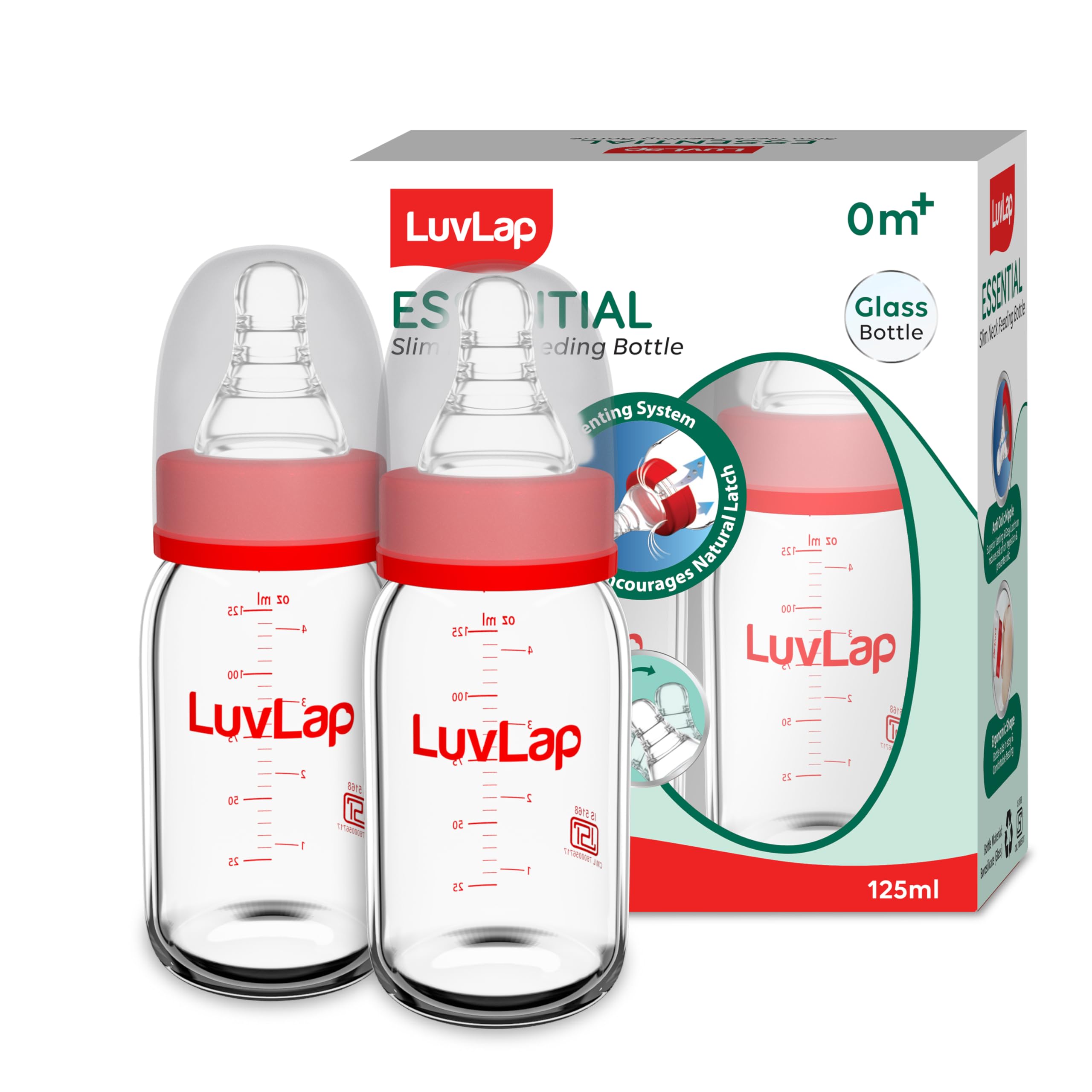 LuvLap Essential Slim Neck Glass Feeding Bottle, 125ml, 0m+/Babies Upto 3 Years, Made of Borosilicate Glass, BPA Free, Ergonomic Shape is Easy to Hold, with Anti Colic Nipple, Pack of 2, White & Red