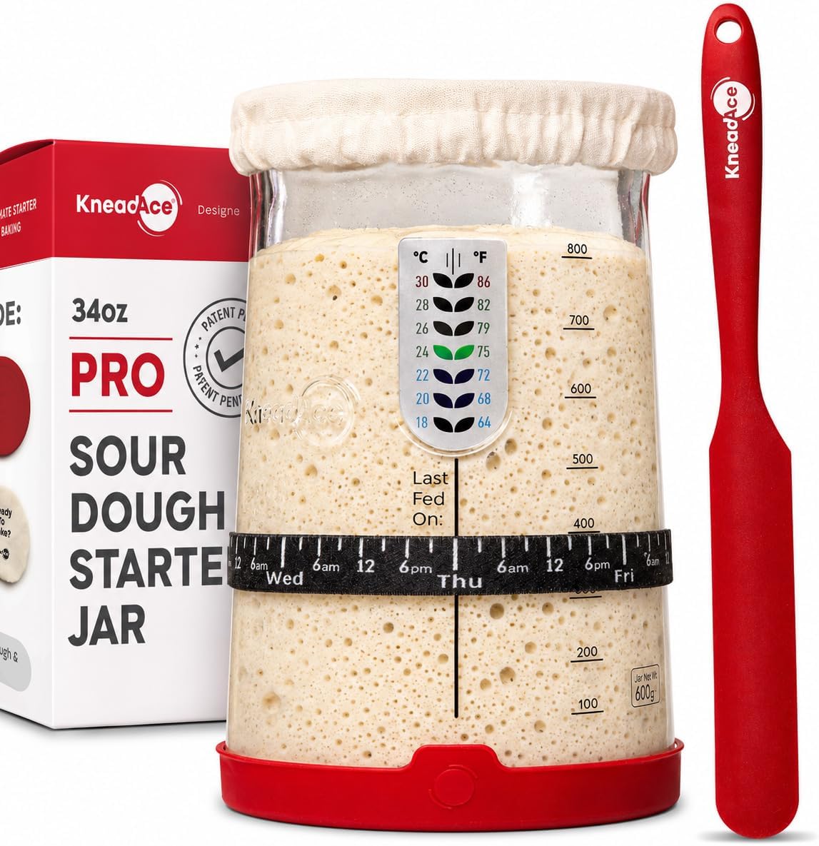 Pro Sourdough Bread Starter Kit - 34 oz Large Capacity Sourdough Starter Jar with 5 unique features for the perfect sour dough bread & sourdough starter kit - sourdough supplies (KA06)