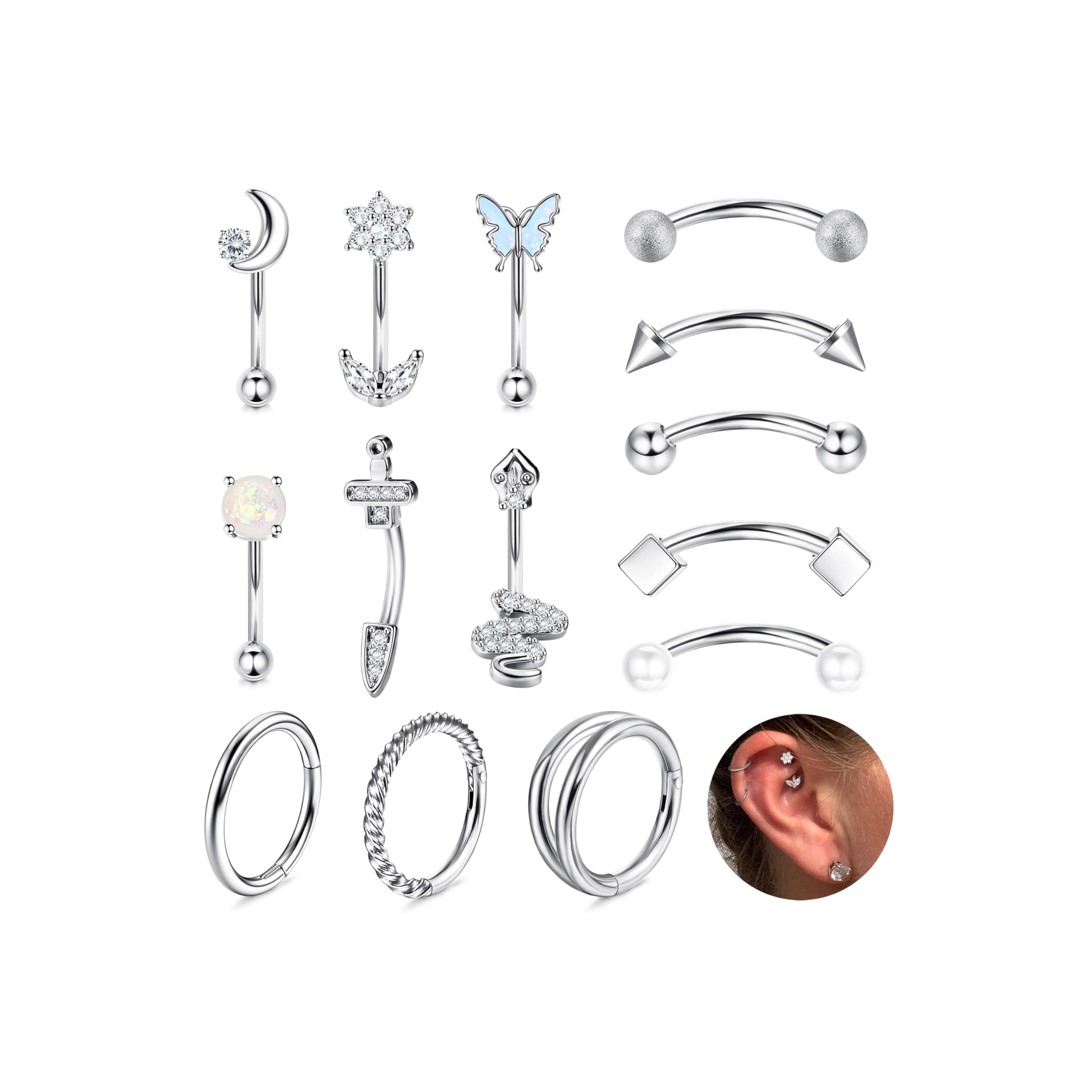 Kit Piercing Rook 14 Pièces - Acier Chirurgical 16G, Bijoux Courbes, Pour Cartilage, Daith, Sourcil, Nez, Femme