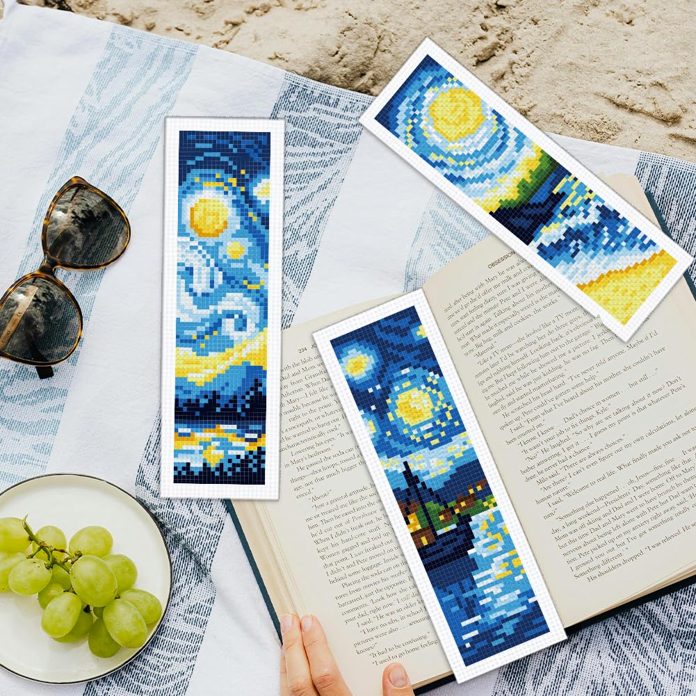 ORIGACHKit di 6 segnalibri a punto croce per principianti e adulti, fai da te per amanti dei libri con cielo notturno vorticoso, con istruzioni per principianti
