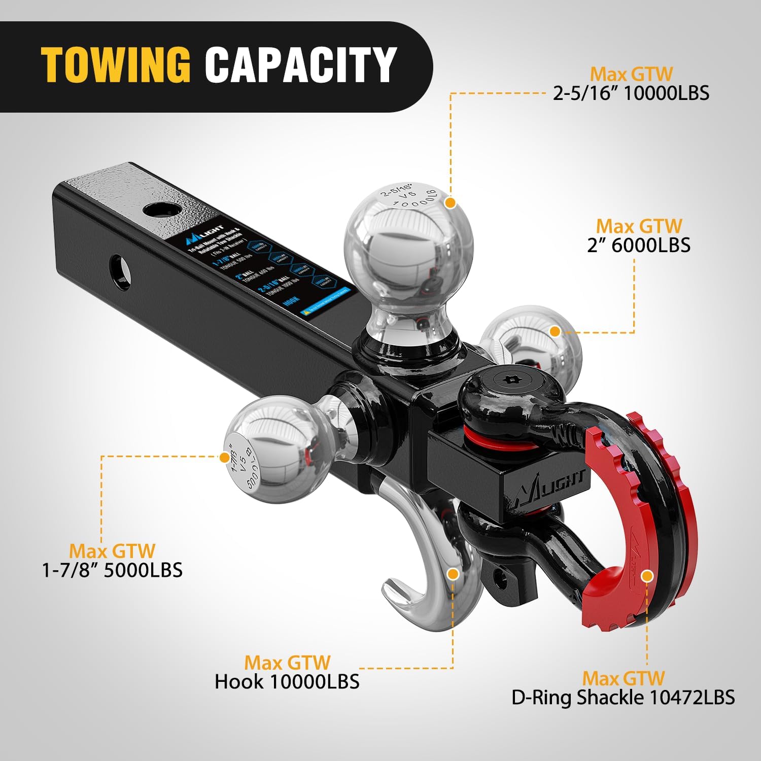 Nilight Trailer Hitch Tri-Ball Mount with Hook and Rotatable Tow Anti-Theft 3/4” Shackle Fits for 2inch Receiver Ball Size 1-7/8” 2” 2-5/16” GTW from 5000lbs to 10000lbs for RV SUV ATV Truck - Image 4