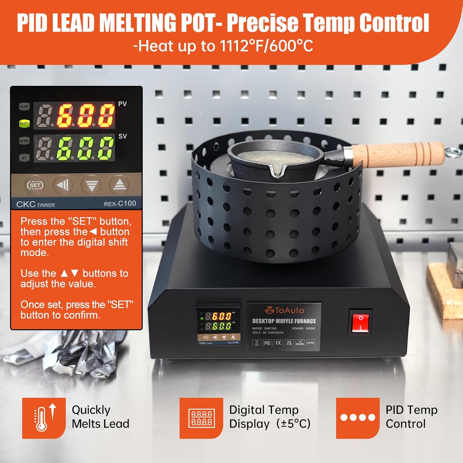 TOAUTO Electric Digital Temp Display Lead Melting Pot,PID Temp Control High Capacity 6Lbs Melting Pot,Pot Separated from Stainless Steel Base,Melting Pot for Fishing Weight Molds Bullet Casting Mold