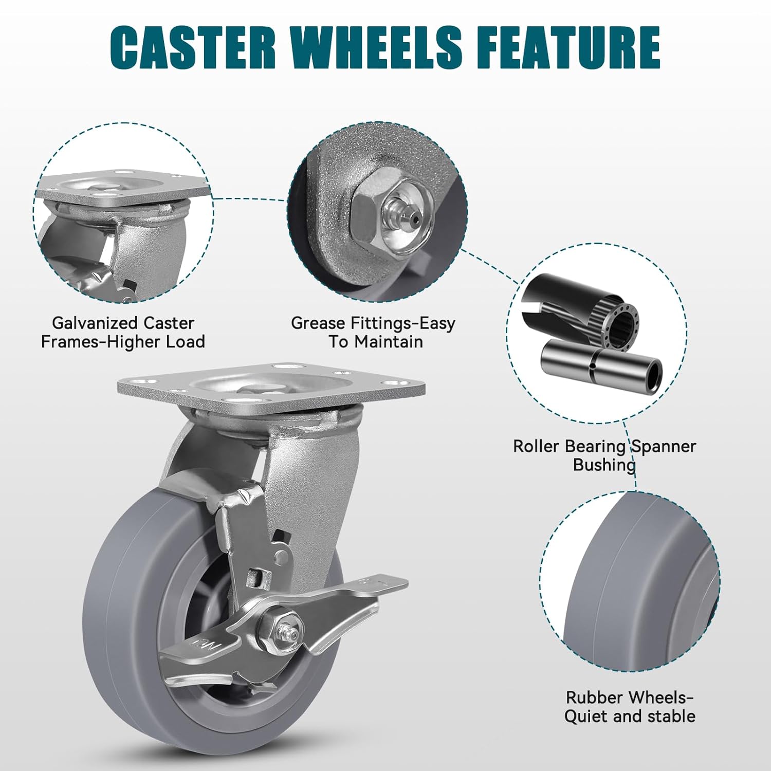 5"×2" Heavy Duty Industrial Casters, Casters Set of 4,Thermoplastic Rubber Caster Wheels for Hotels, Hospitals and School Carts-1600 LBS (2 Brake & 2 Rigid)
