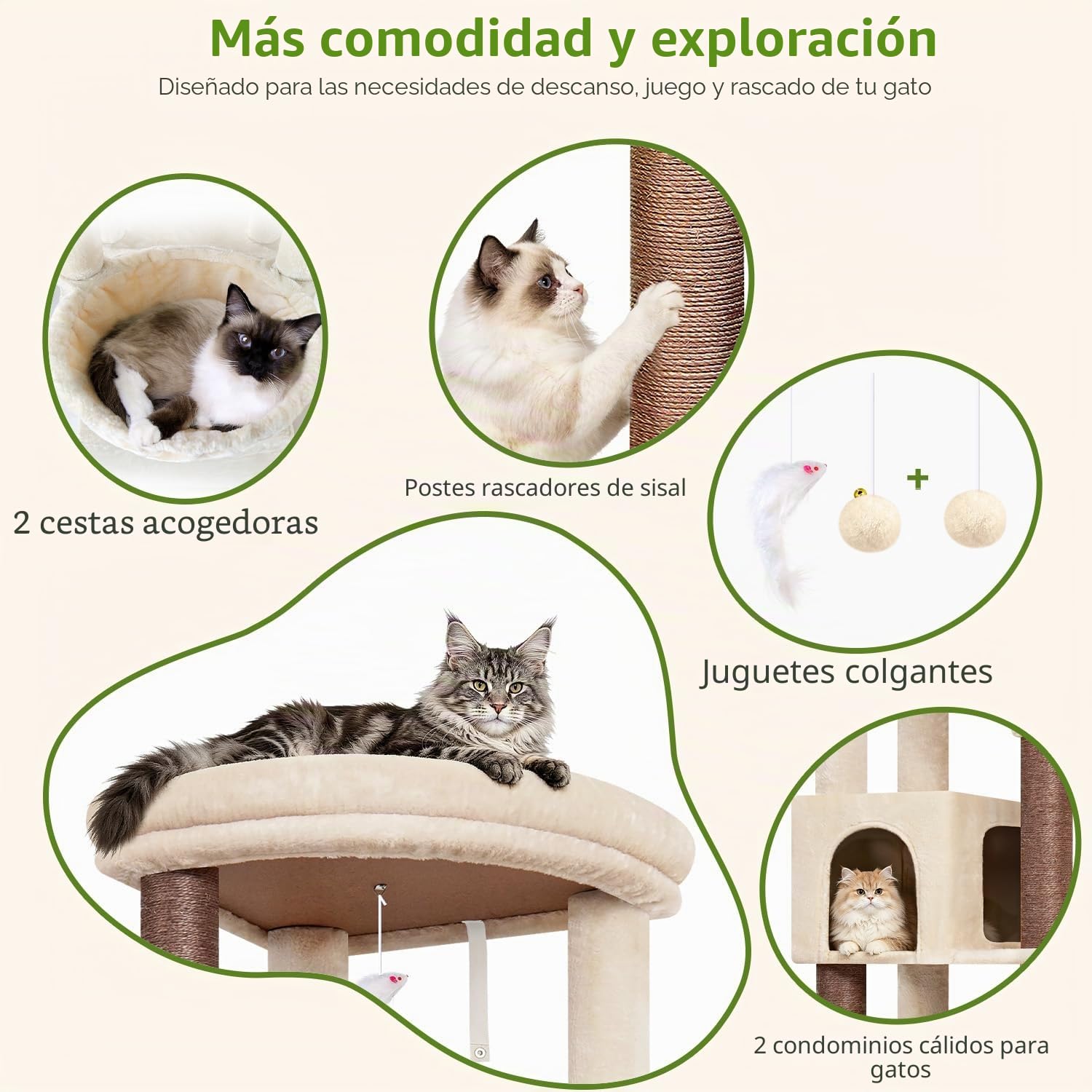 Globlazer Árbol Rascador Beige Esquinero Alto 163 cm con 2 Grande Nidos 45*30*30CM, Inmenso Plataforma Acolchada, 2 Suave Cesta, 4 Postes de Sisal, Estable Rascador para 2-4 Gatos Adulto (C64, Beige)